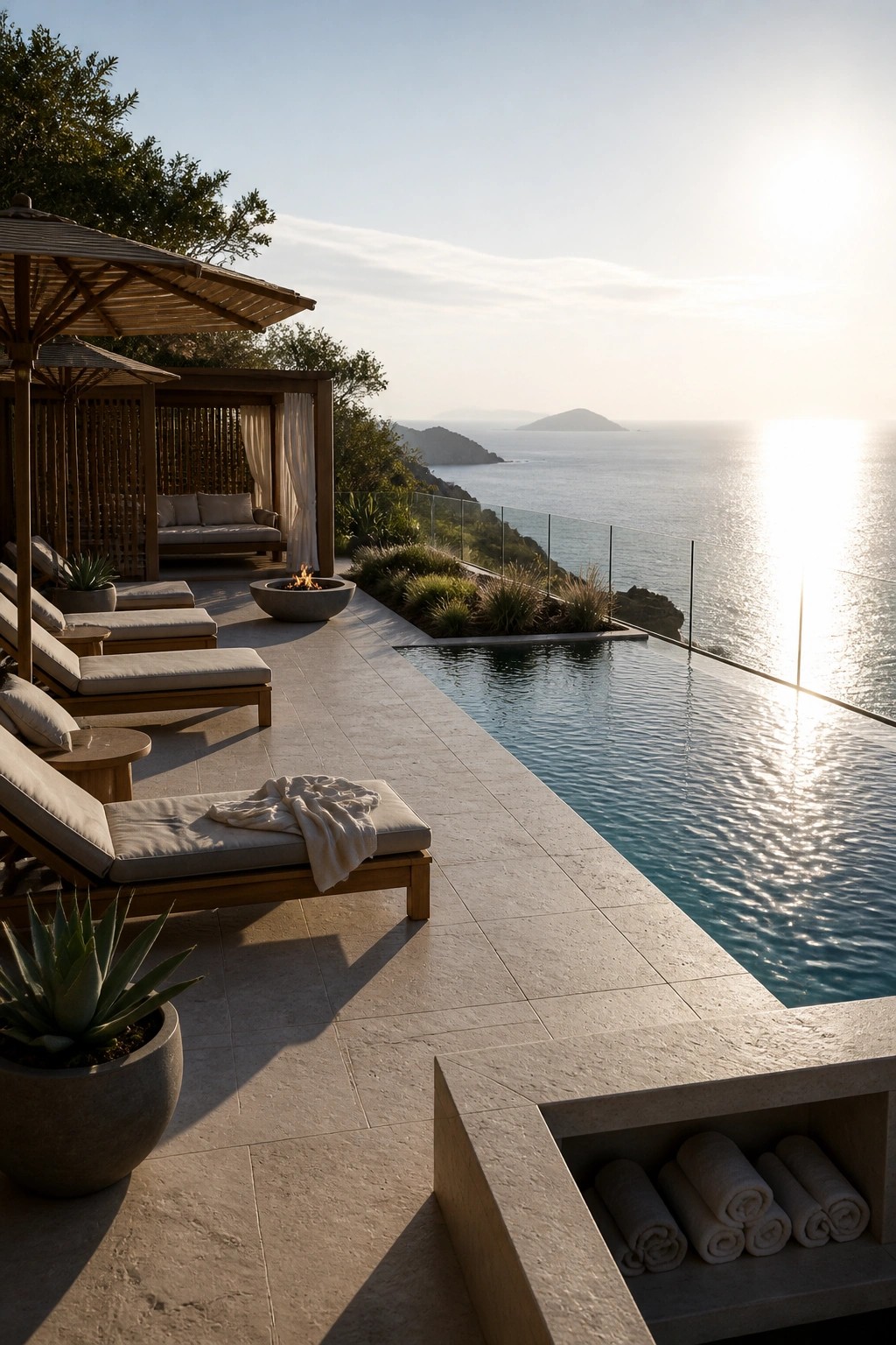 An infinity pool with wooden lounge chairs on a tiled terrace overlooking the ocean, with rolled towels in a stone niche and a fire pit area nearby.