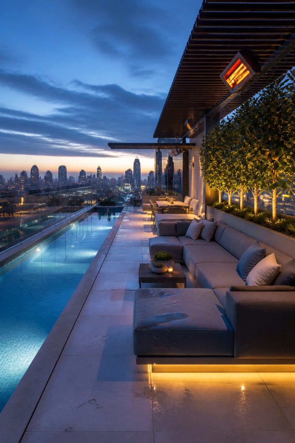 A modern rooftop terrace at dusk shows a long pool running beside a large gray sectional sofa, with a city skyline visible beyond a glass railing.