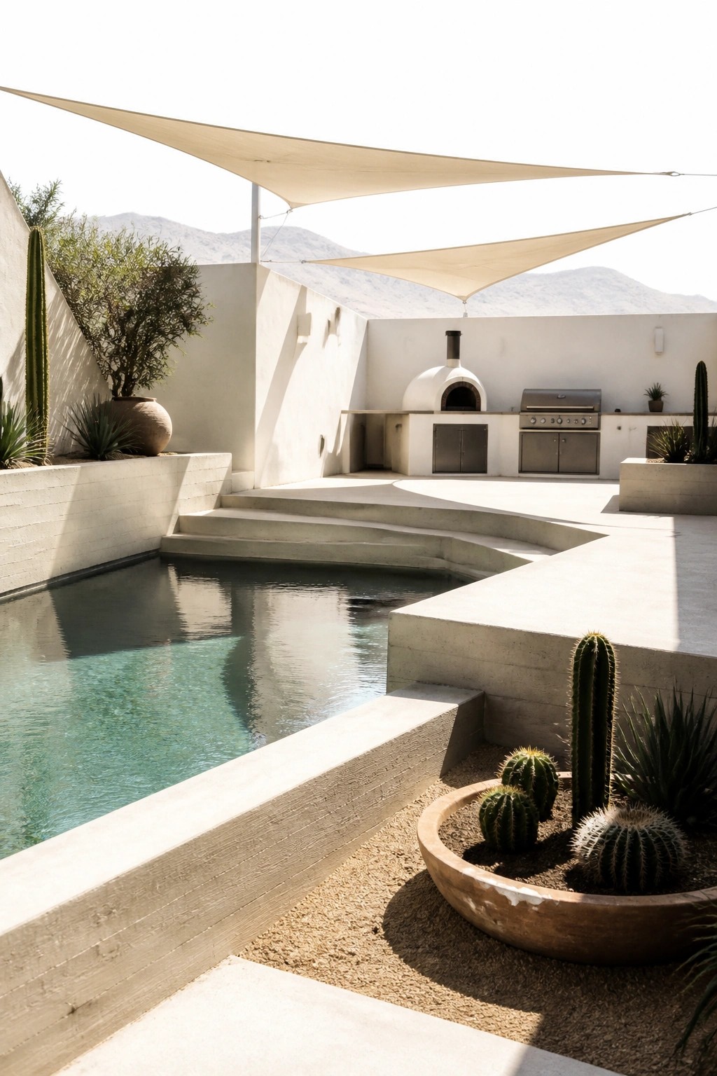 Minimalist desert courtyard with pool, concrete kitchen, cacti, and mountains.