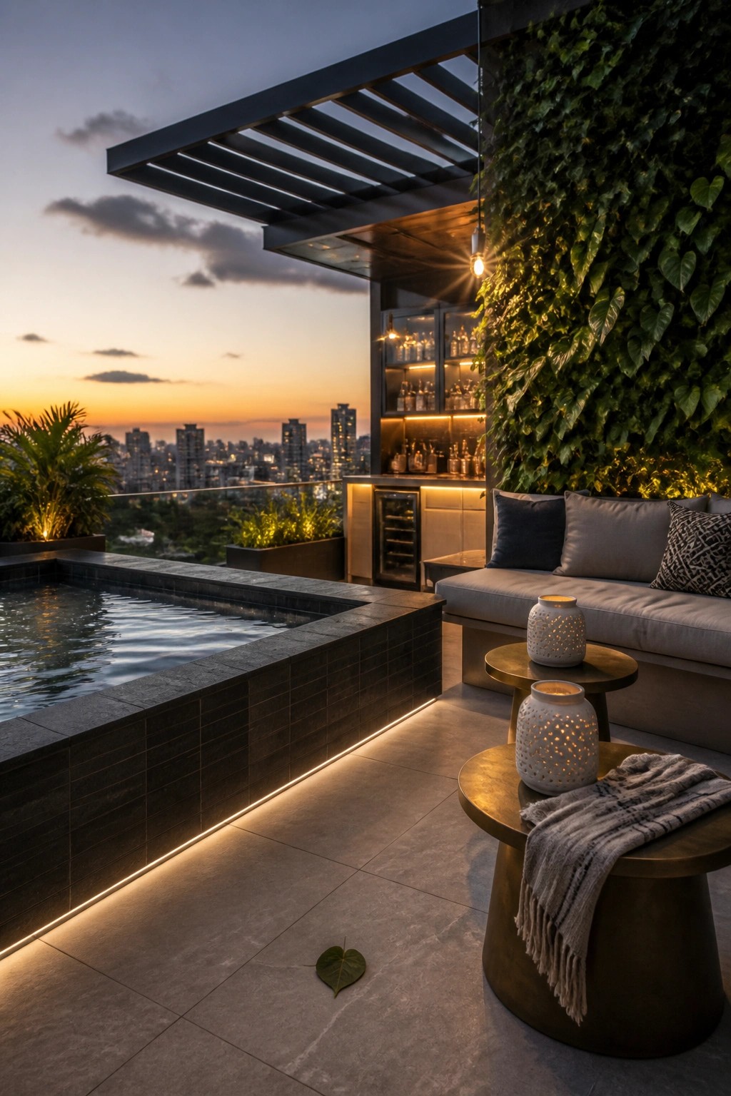 Modern rooftop terrace with infinity pool, lounge seating, bar, vertical garden, and city sunset view