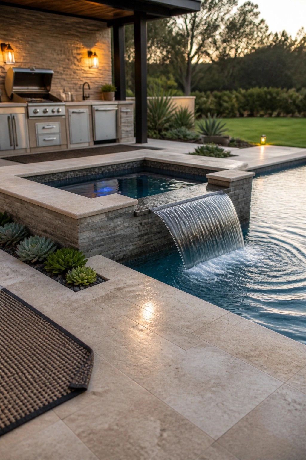 A modern backyard shows a raised stone spa with a wide waterfall flowing into a larger swimming pool, positioned beside an outdoor kitchen with stainless steel appliances.