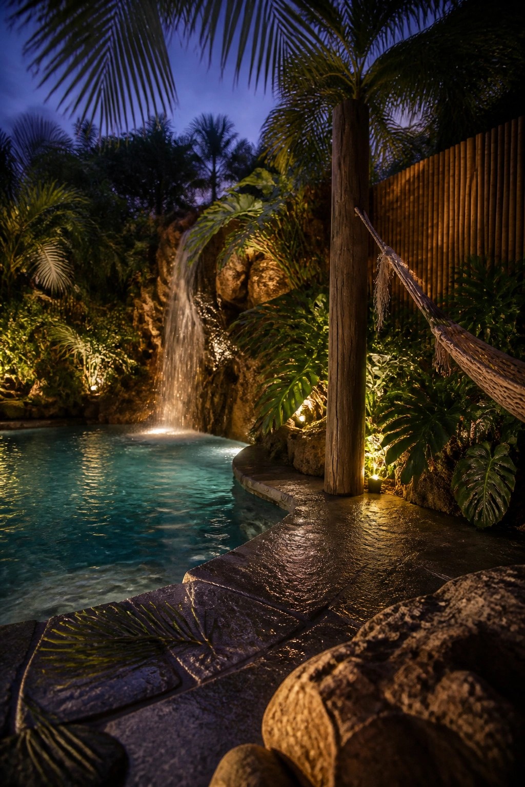 Tropical pool with cascading waterfall, palm trees, hammock, and glowing stone pathway at night