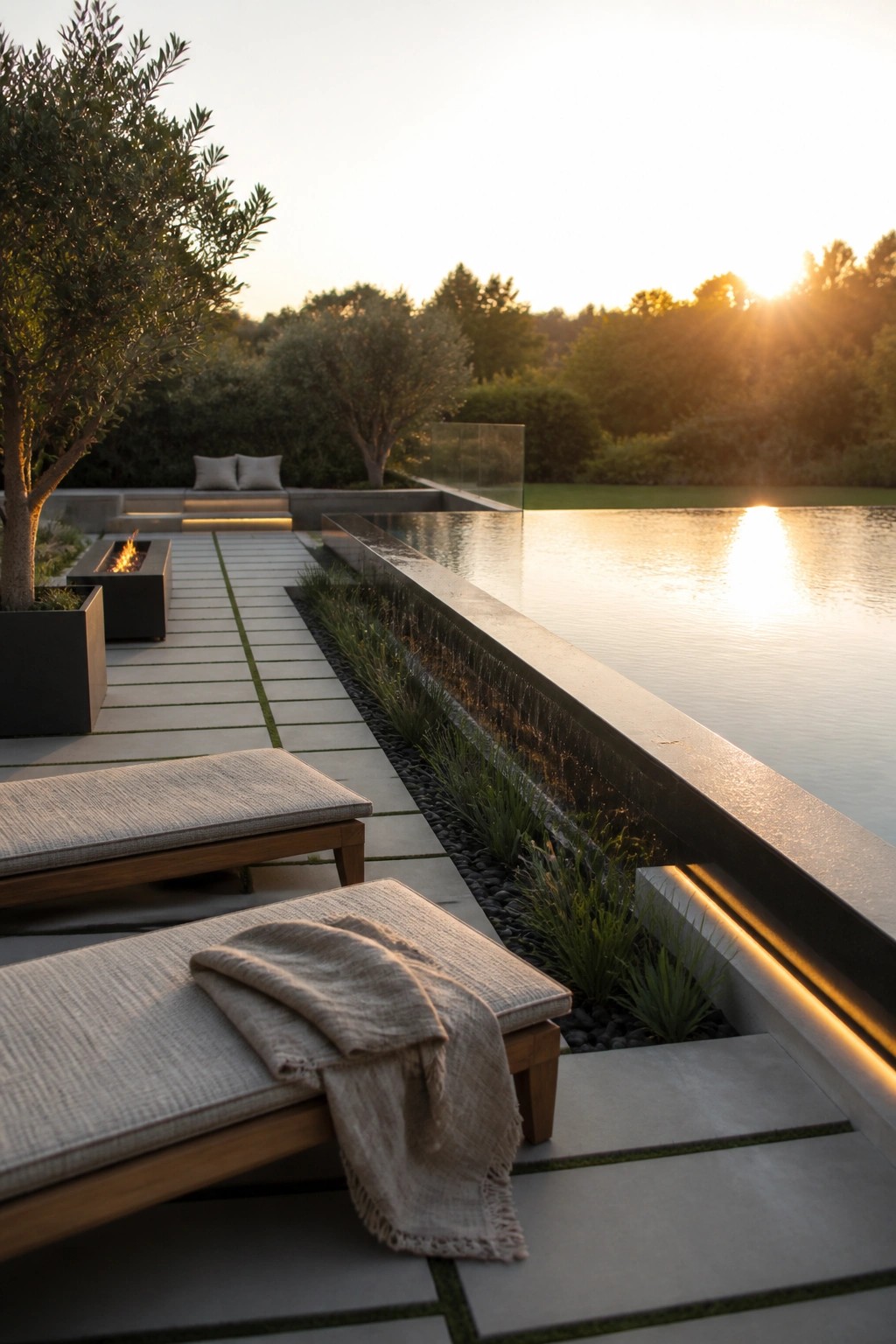 Modern pool with a long cascading water feature along the edge, stone pavers, two lounge chairs in the foreground, and a fire pit area nearby at sunset.