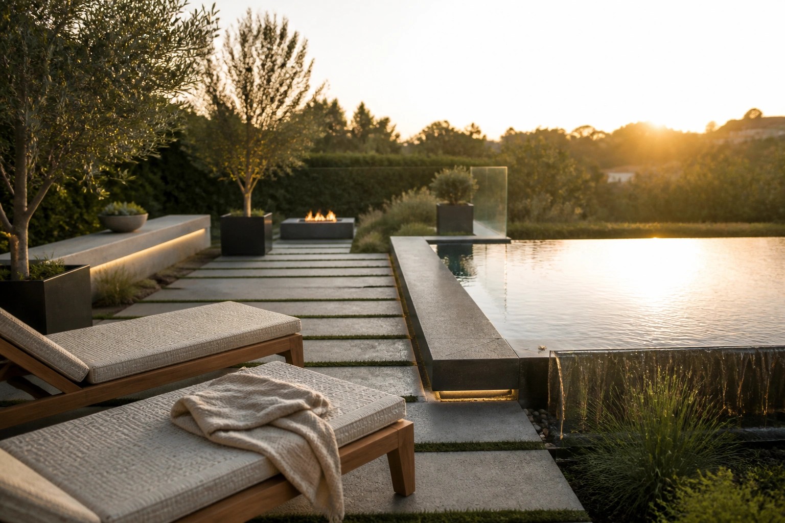Modern pool with a long cascading water feature along the edge, stone pavers, two lounge chairs in the foreground, and a fire pit area nearby at sunset.