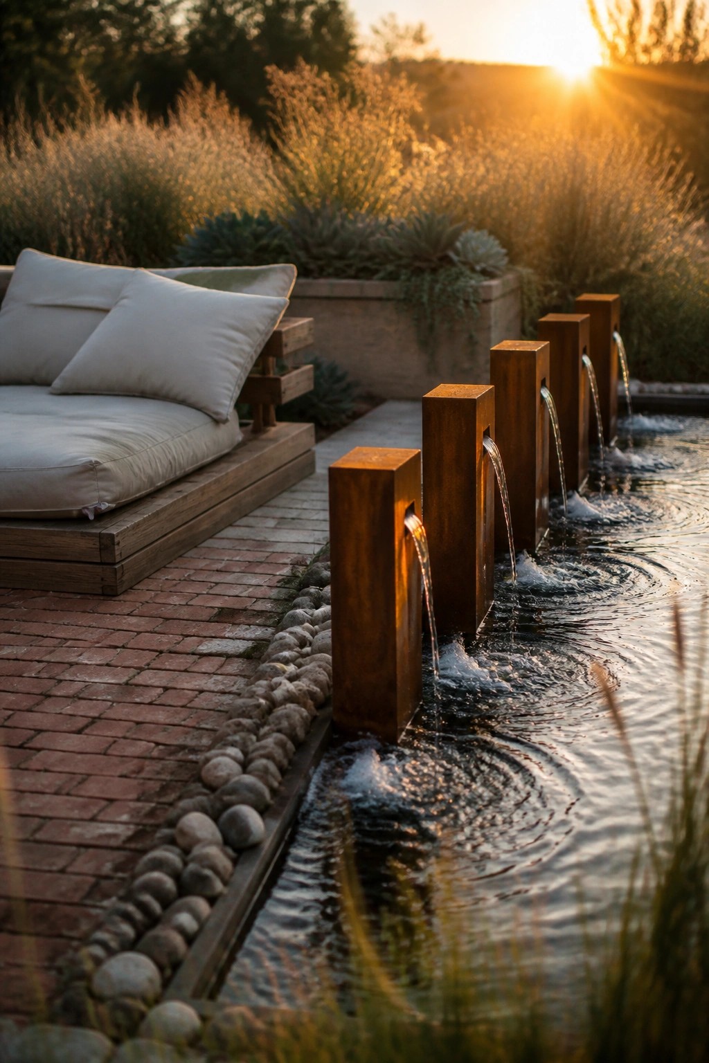 A row of tall rusted metal pillars spouting water into a narrow pool beside a brick patio with a wooden lounge chair.
