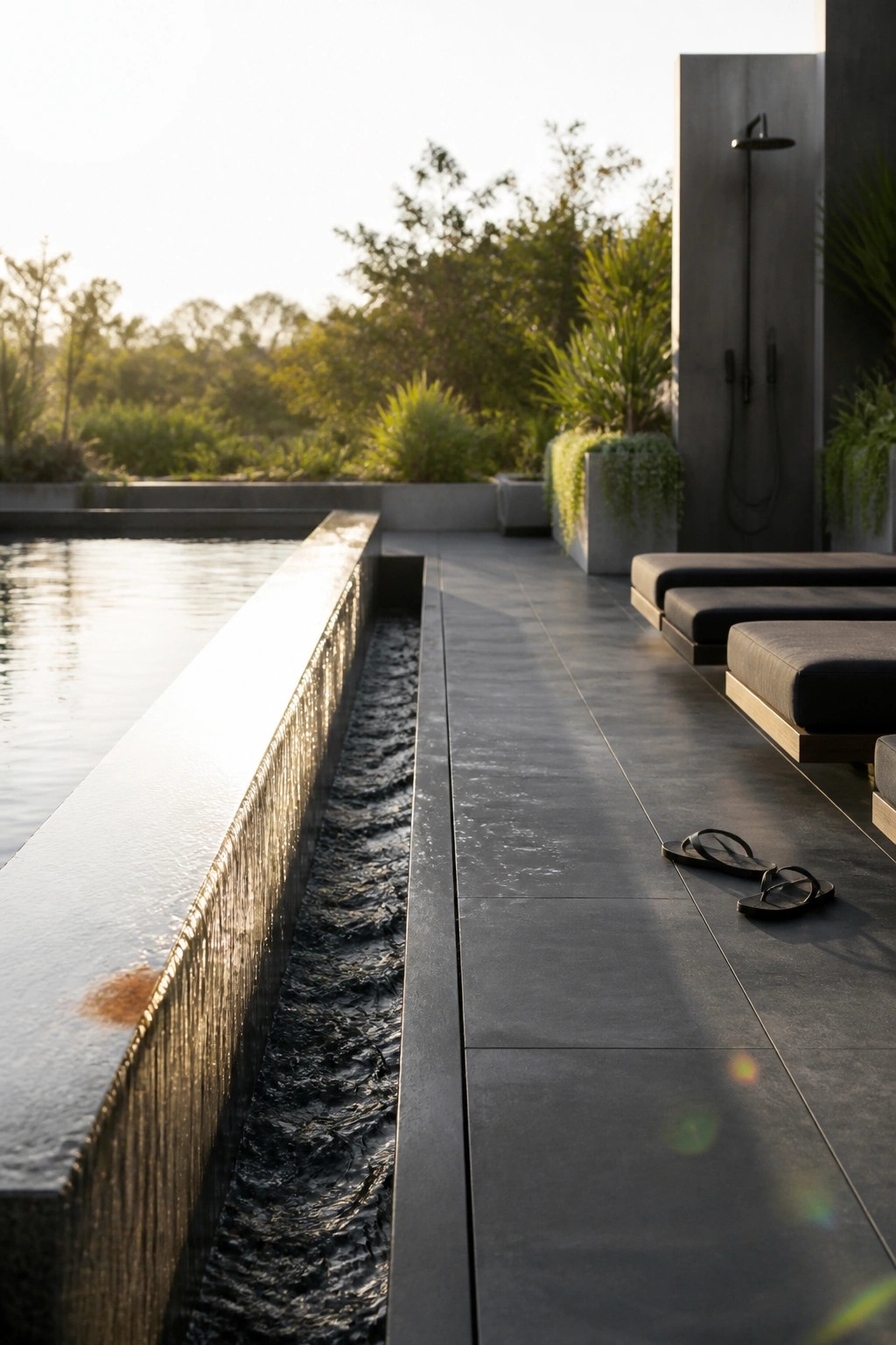 A modern poolside area with a long dark water channel running parallel to the tiled deck, water spilling over the edge, and lounge chairs placed nearby.