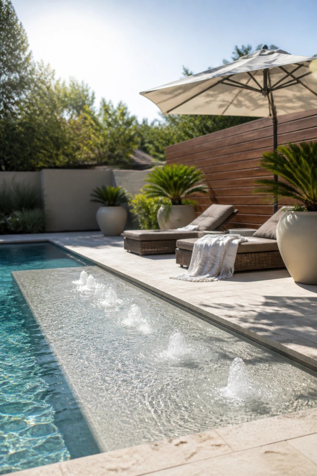 A modern backyard pool area with a long rectangular water channel containing multiple small bubbling fountains, next to lounge chairs under a large umbrella on a stone patio.