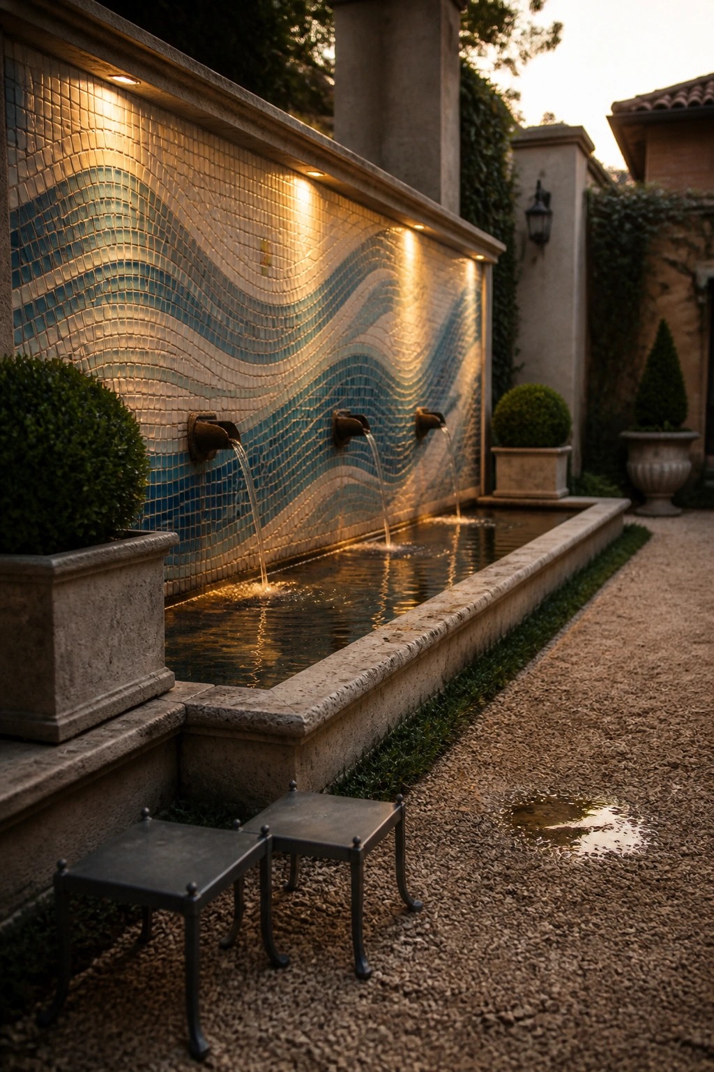 A long stone-edged pool with water flowing from three spouts mounted on a wavy blue and beige mosaic tiled wall, beside a gravel path with two small metal stools.