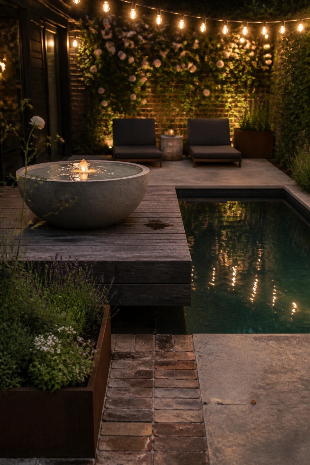Nighttime poolside patio with fountain, string lights, lounge chairs, and lush greenery.