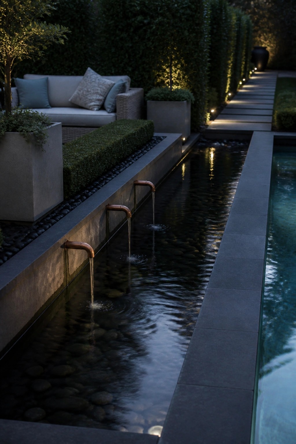 A long narrow water channel with several copper spouts running parallel to a swimming pool at night, with a seating area and pathway visible nearby.