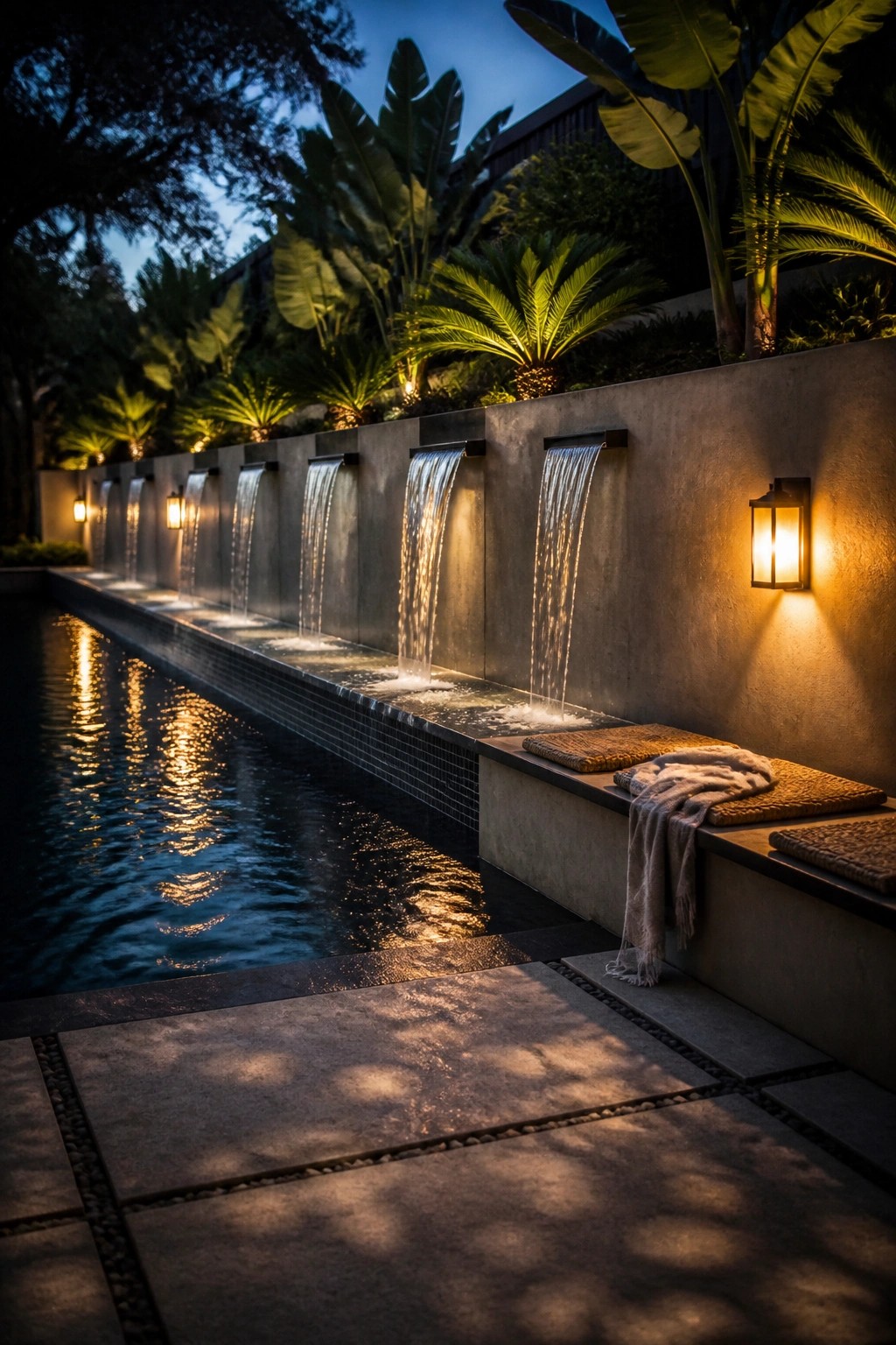 Cascading waterfalls into a pool along a wall with a cushioned stone bench at night