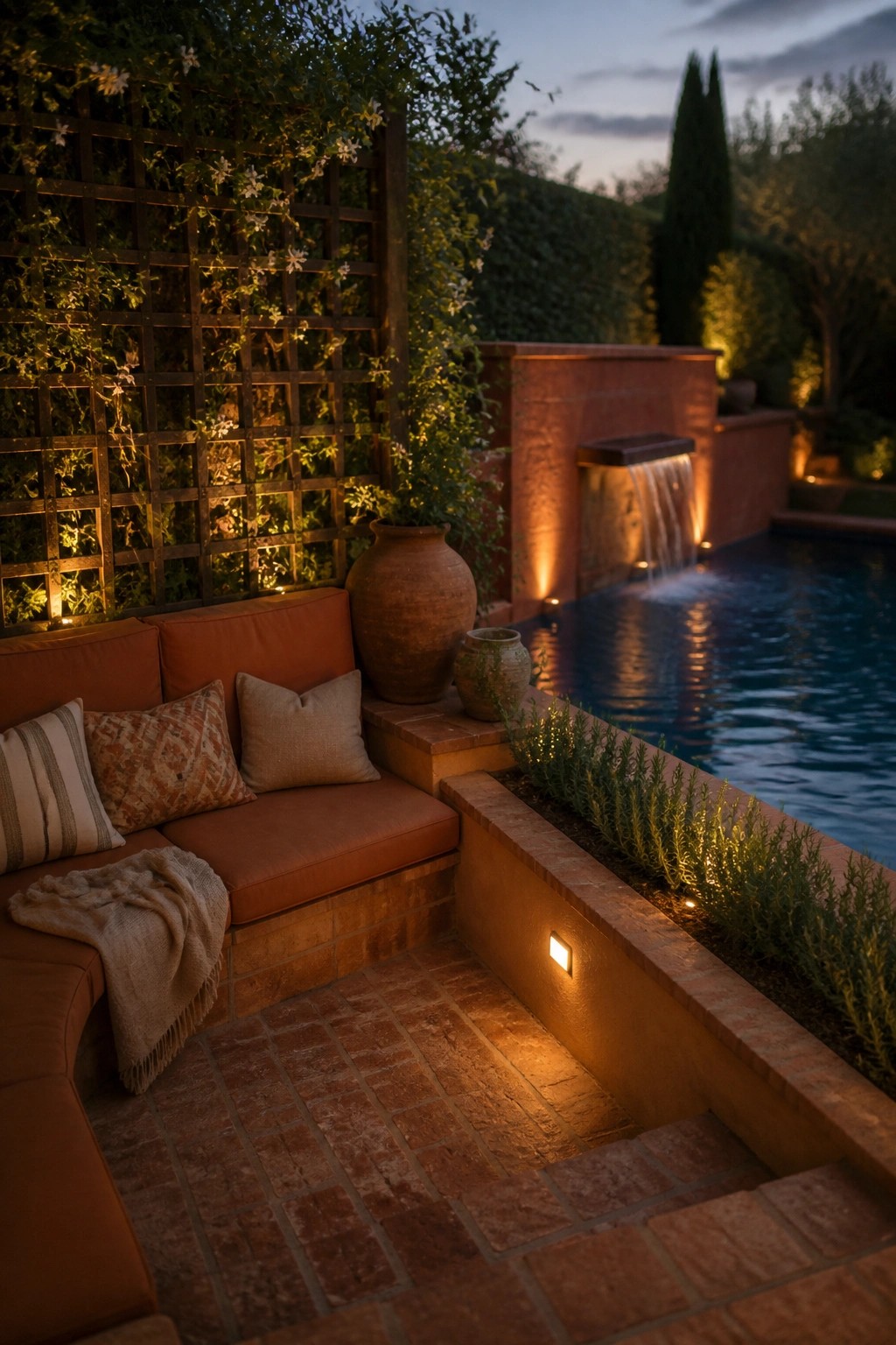 Terracotta sofa with pillows on brick patio beside glowing pool fountain at dusk