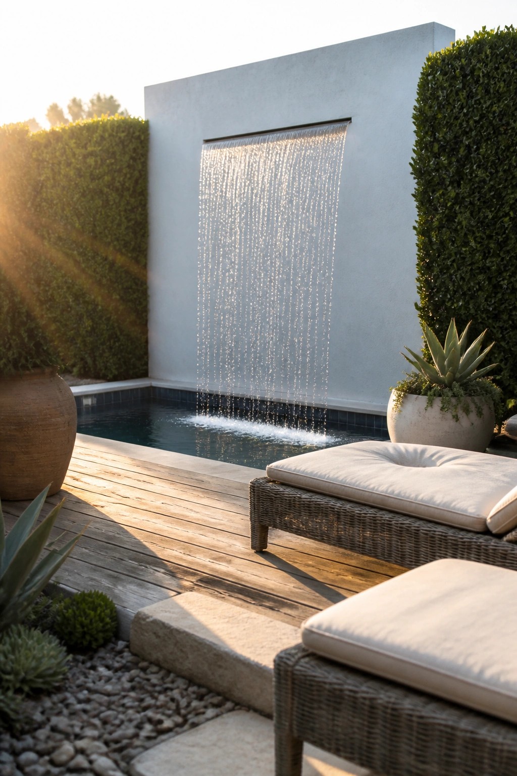 A rectangular water wall spills into a rectangular pool beside a wooden deck with woven lounge chairs and large potted plants.