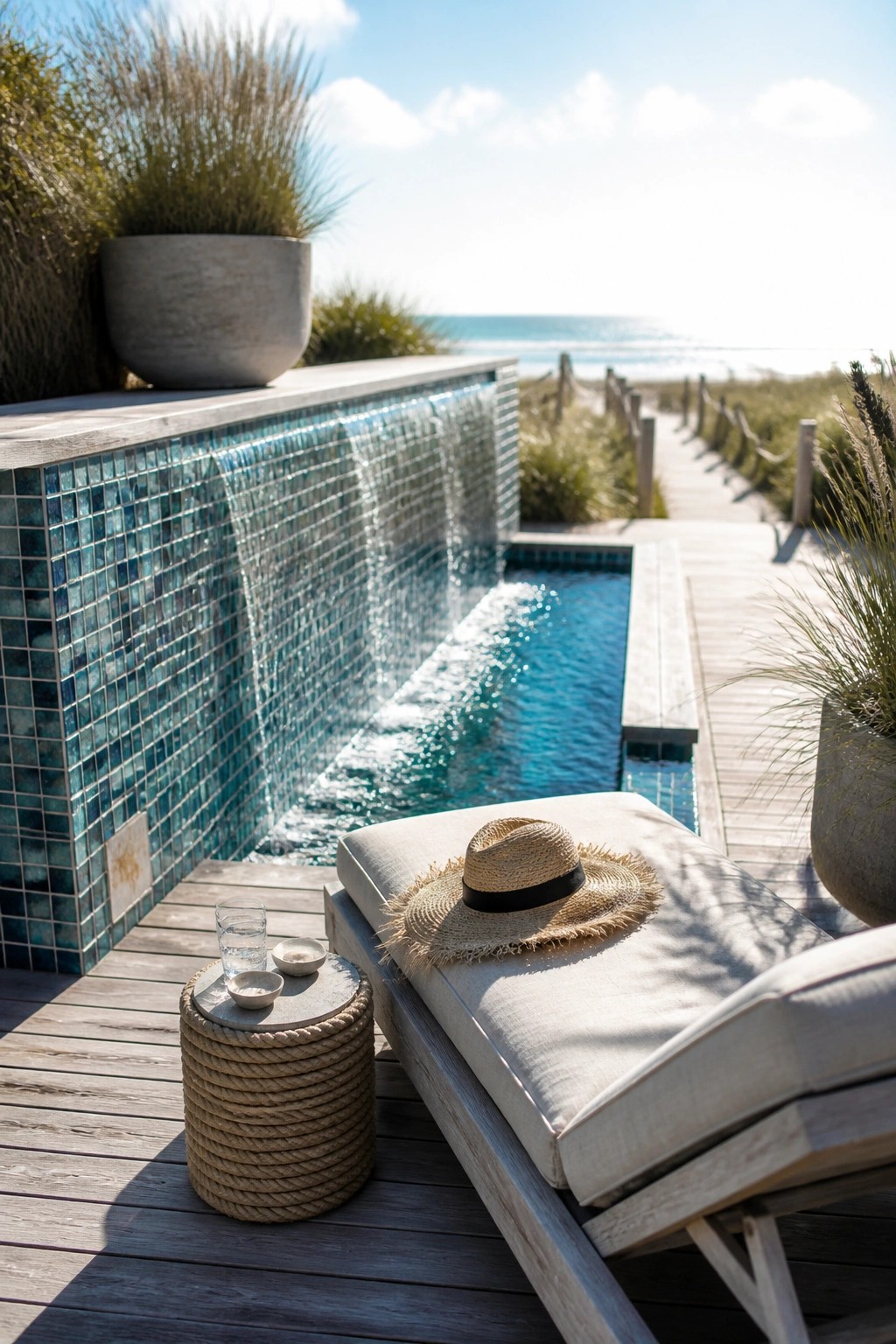 A modern pool with a blue mosaic tiled water wall cascading into the water, next to a wooden deck with a lounge chair holding a straw hat and a small side table with glasses.