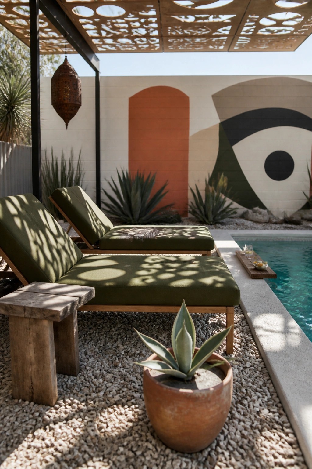 19 Easy DIY Pool Shade Ideas for Budget-Friendly Pool Upgrades Two green lounge chairs sit under a wooden pergola with circular cutouts beside a swimming pool, with potted plants on gravel and a painted wall in the background.