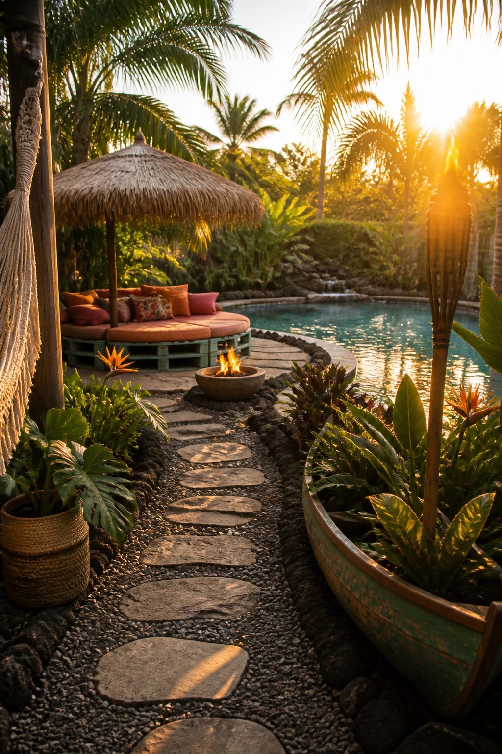 19 Easy DIY Pool Shade Ideas for Budget-Friendly Pool Upgrades A thatched umbrella shades a round lounge area beside a swimming pool, with a fire pit, stone path, and tropical plants in the foreground.
