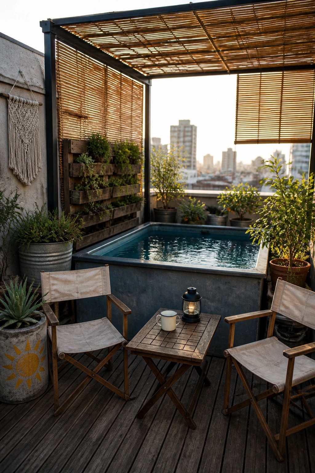 19 Easy DIY Pool Shade Ideas for Budget-Friendly Pool Upgrades A small rectangular pool on a wooden rooftop deck with bamboo blinds mounted on a pergola frame, flanked by two canvas chairs, a small table, and potted plants.