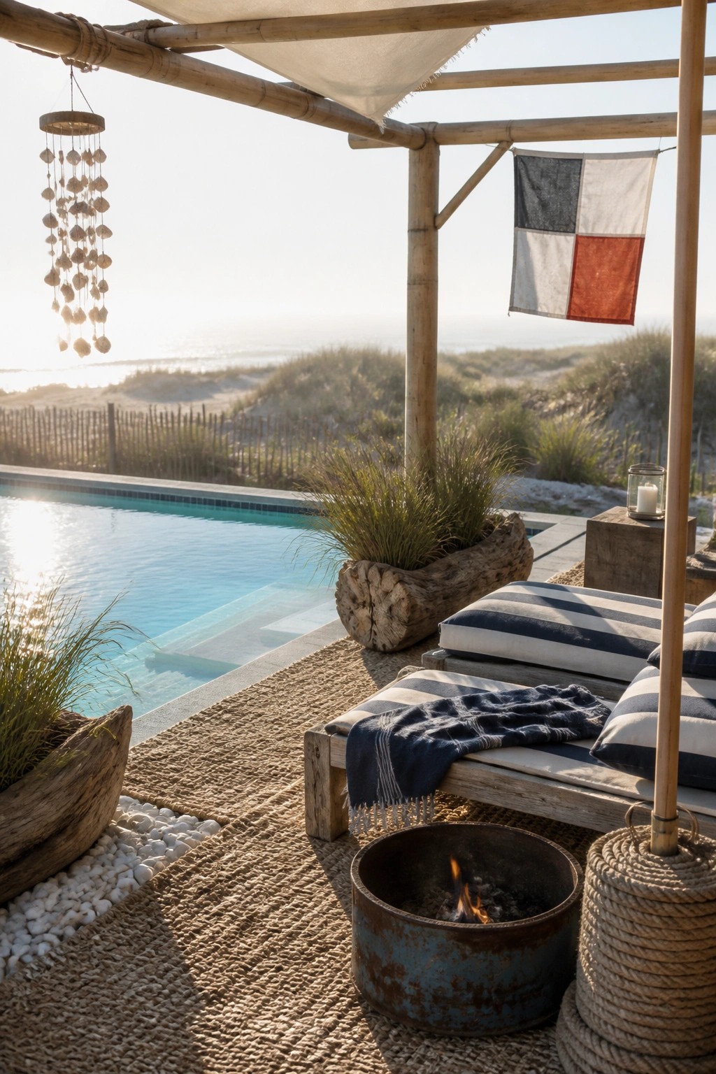 19 Easy DIY Pool Shade Ideas for Budget-Friendly Pool Upgrades Rustic beach cabana with striped lounge chairs, fire pit, pool, and dunes