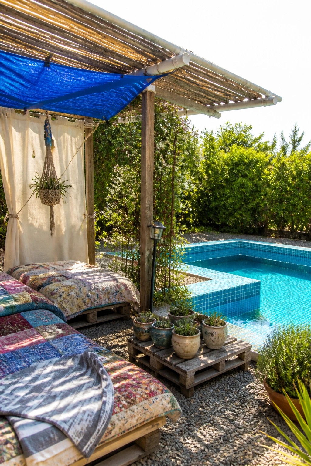19 Easy DIY Pool Shade Ideas for Budget-Friendly Pool Upgrades A poolside area with two pallet daybeds under a wooden shade structure that has blue fabric and reed roofing, positioned beside a swimming pool with potted plants nearby.