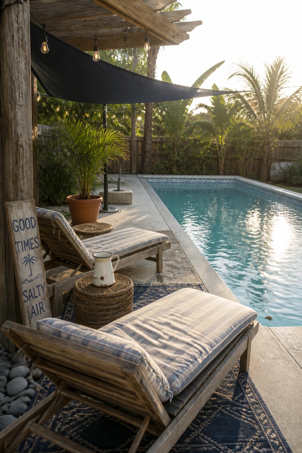 19 Easy DIY Pool Shade Ideas for Budget-Friendly Pool Upgrades Wooden lounge chairs sit on patterned rugs beneath a pergola covered by a black fabric shade next to a rectangular swimming pool.