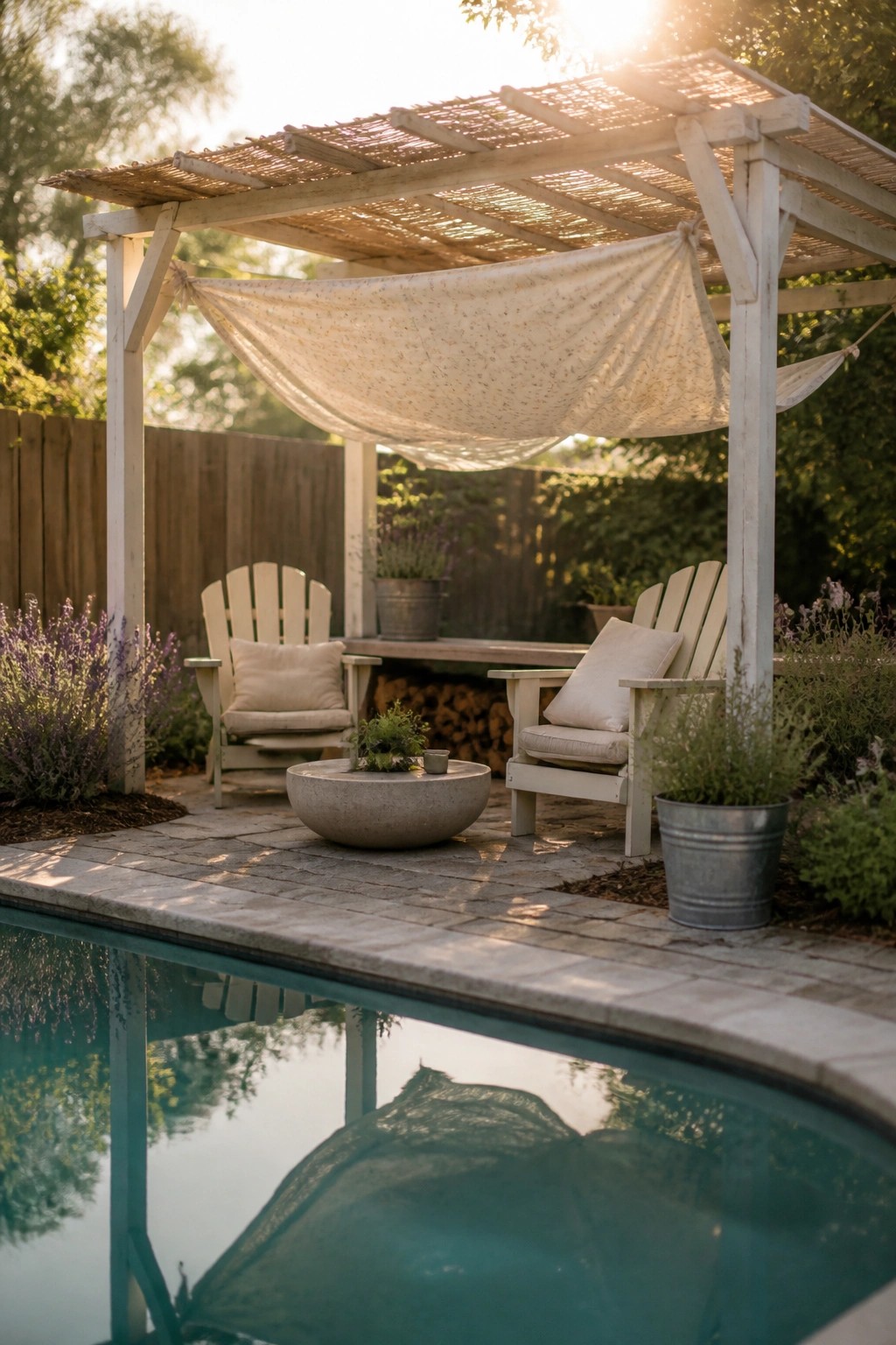 19 Easy DIY Pool Shade Ideas for Budget-Friendly Pool Upgrades A swimming pool with a white wooden pergola draped in light fabric shade cloth, two Adirondack chairs, and potted plants on a stone patio.
