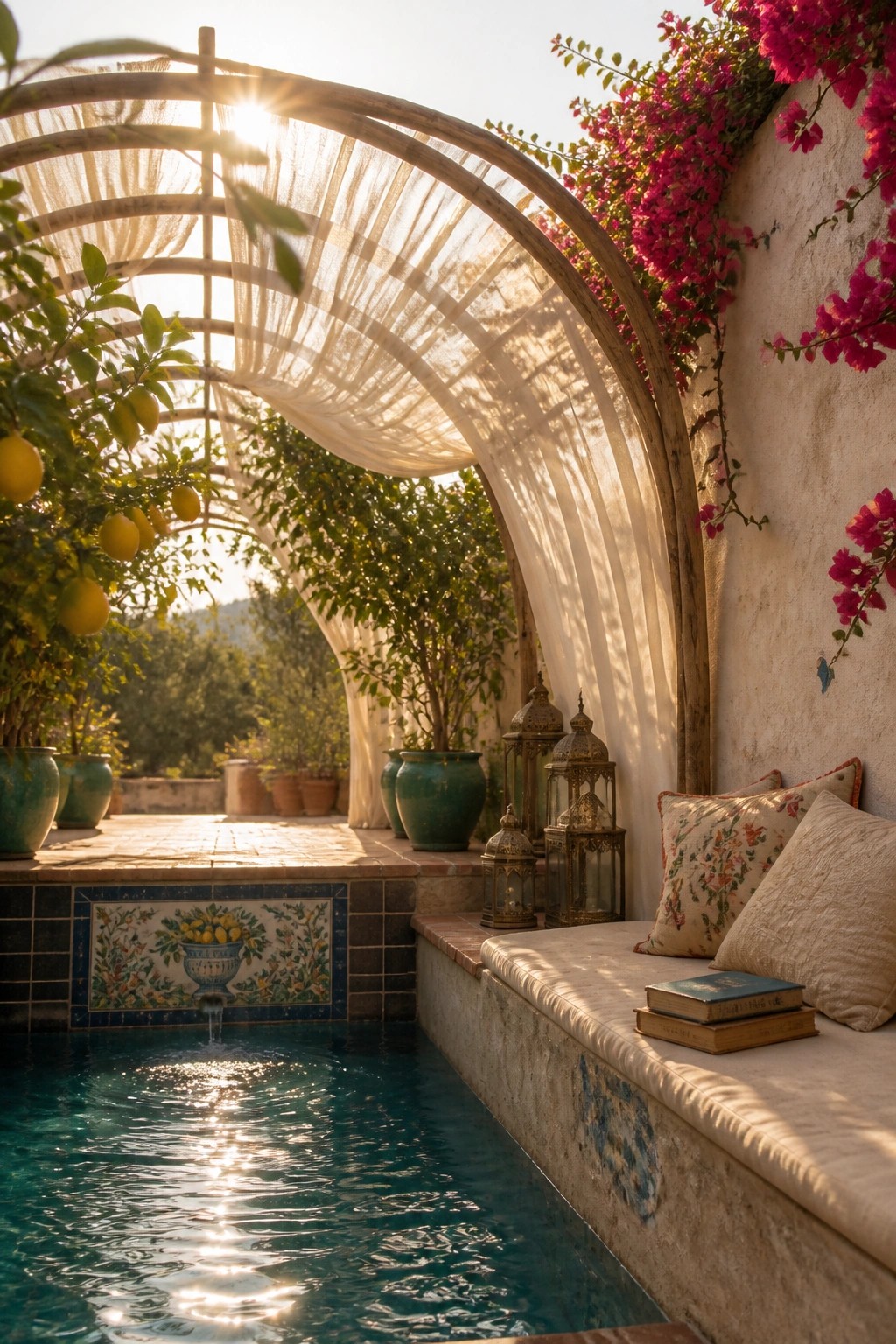 19 Easy DIY Pool Shade Ideas for Budget-Friendly Pool Upgrades A pool area with a curved wooden pergola draped in white fabric over turquoise water, a tiled fountain, green pots, and a cushioned bench with pillows and books beside bougainvillea.