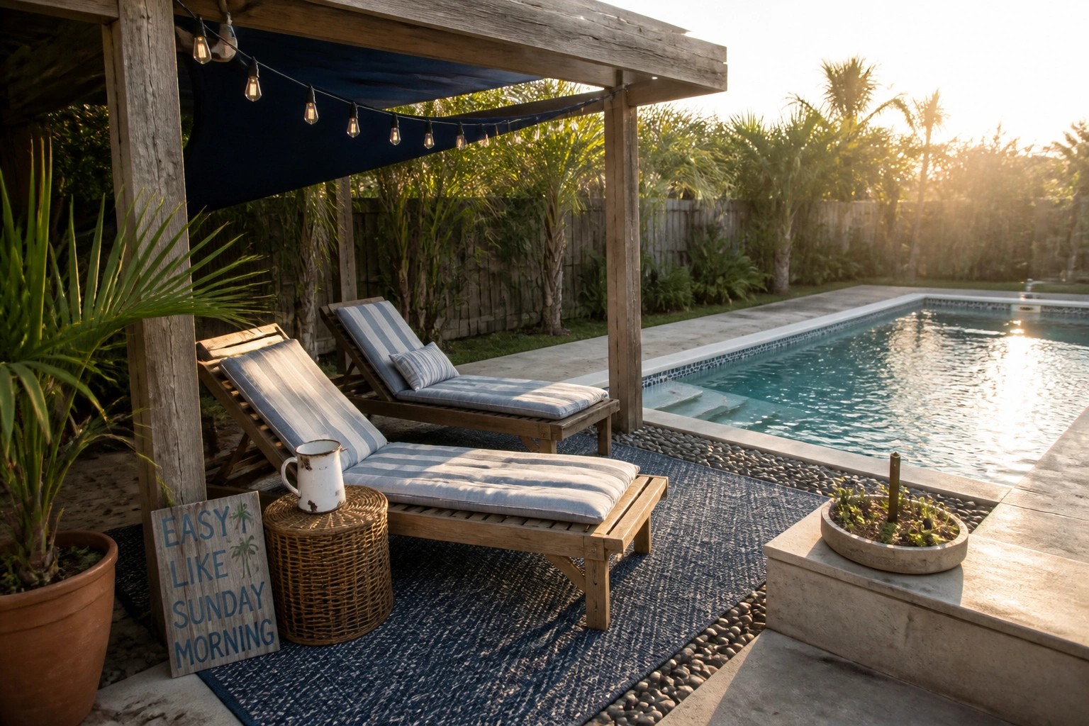 19 Easy DIY Pool Shade Ideas for Budget-Friendly Pool Upgrades Wooden lounge chairs sit on patterned rugs beneath a pergola covered by a black fabric shade next to a rectangular swimming pool.