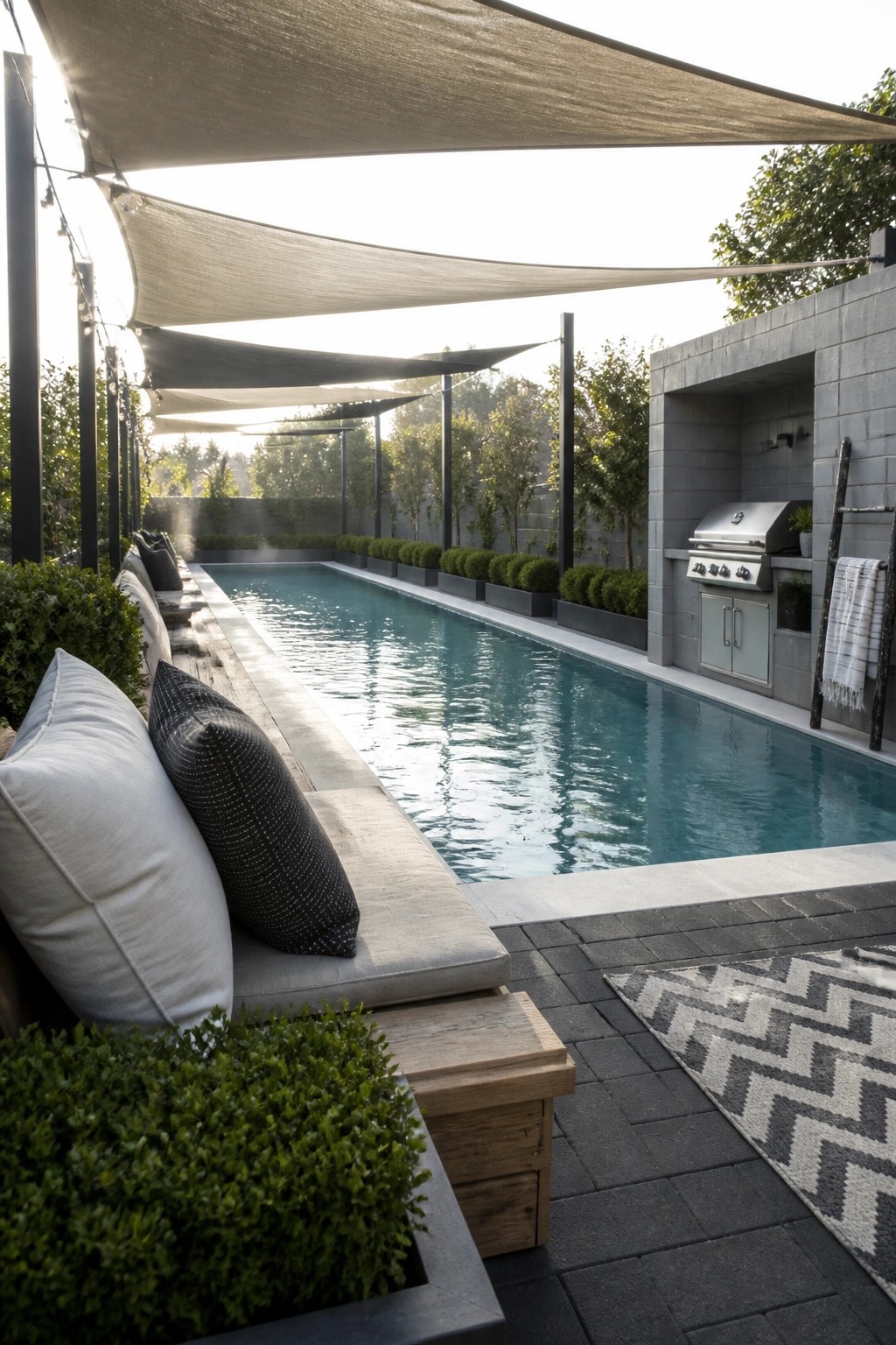 19 Easy DIY Pool Shade Ideas for Budget-Friendly Pool Upgrades A long rectangular pool with multiple layers of fabric shade sails overhead, built-in seating with cushions along one side, and an outdoor kitchen area on the right.