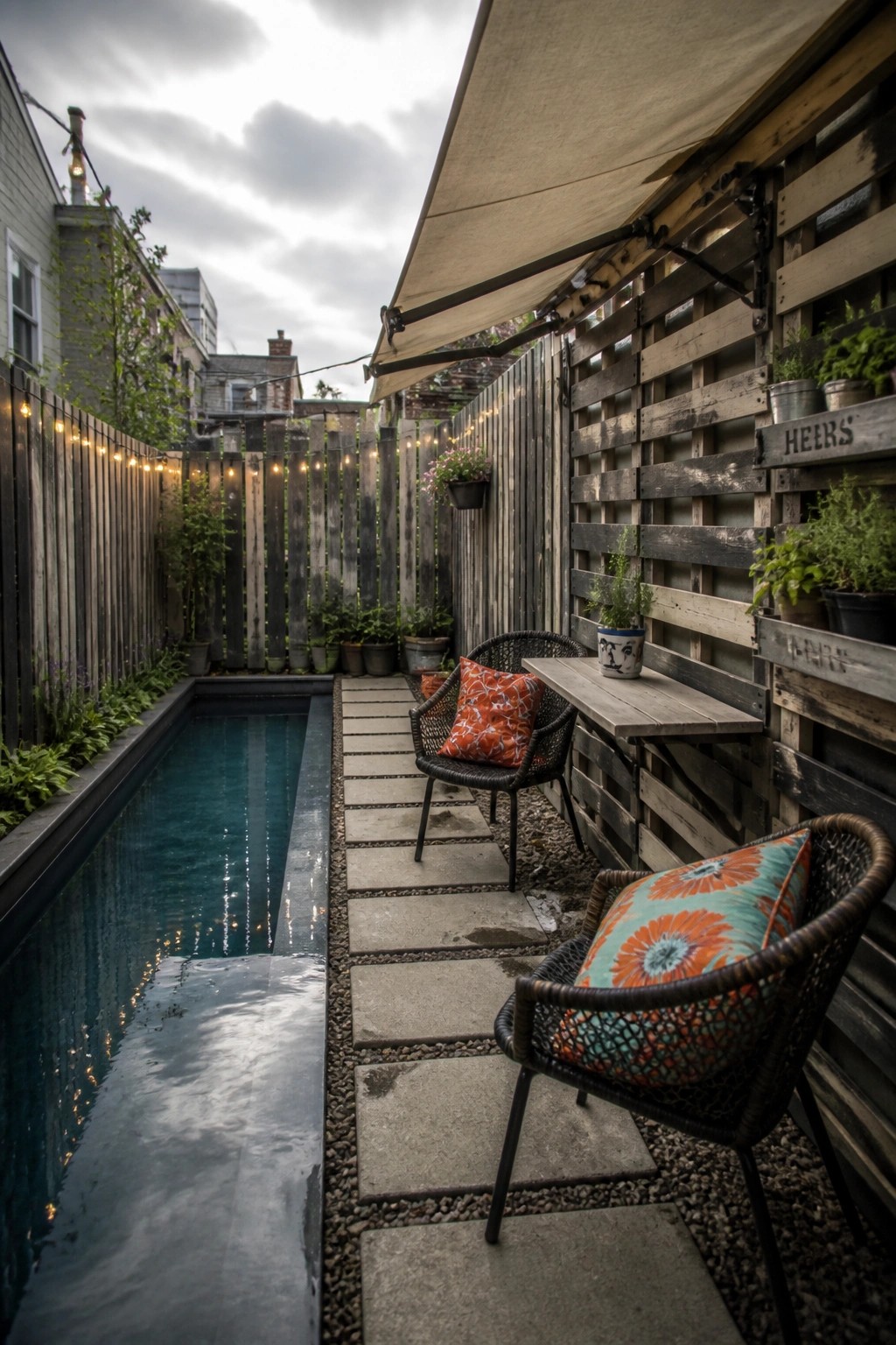 19 Easy DIY Pool Shade Ideas for Budget-Friendly Pool Upgrades A narrow outdoor pool area with a long rectangular pool, stone pavers, wicker chairs with cushions, potted plants, and a large beige retractable awning attached to a wooden pallet wall.