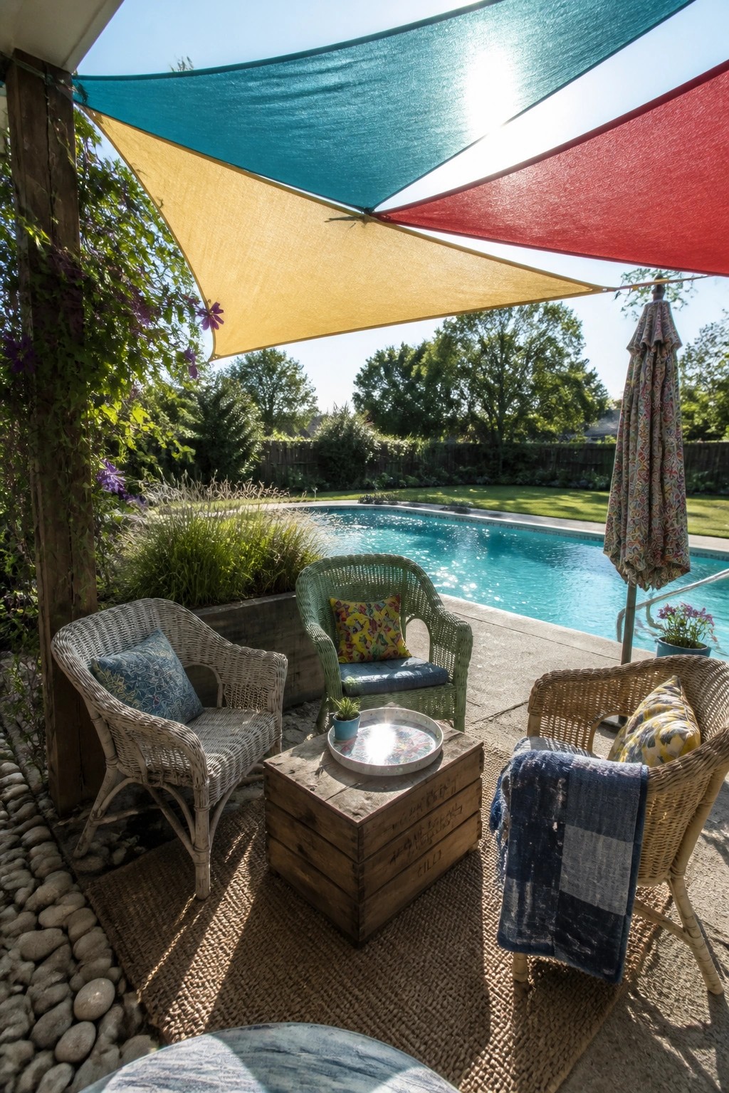 19 Easy DIY Pool Shade Ideas for Budget-Friendly Pool Upgrades A poolside patio with three overlapping triangular shade sails in teal, yellow, and red above wicker chairs and a wooden crate table.