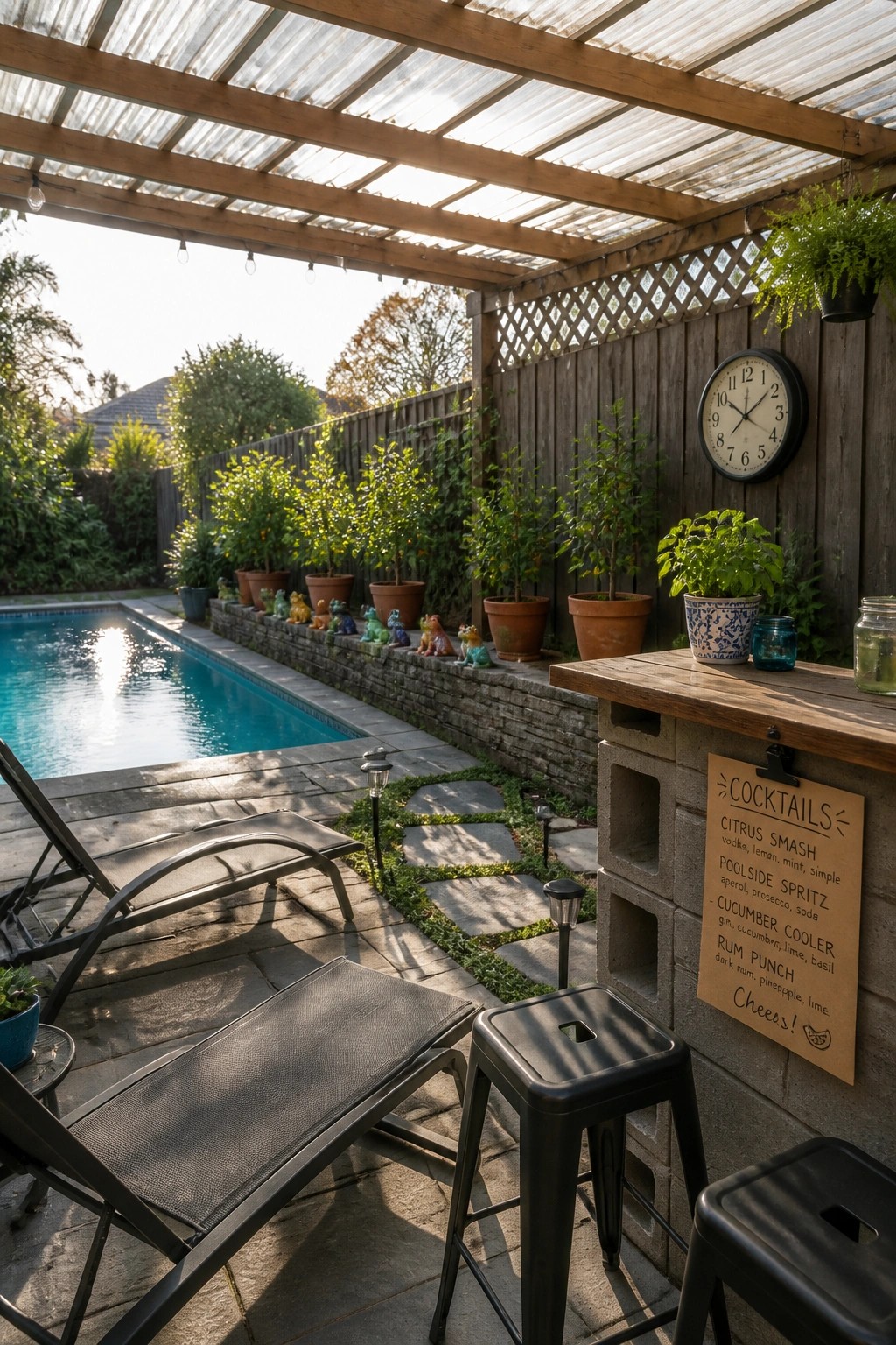 19 Easy DIY Pool Shade Ideas for Budget-Friendly Pool Upgrades A wooden pergola with a translucent corrugated roof covers a stone patio beside a swimming pool, with lounge chairs and potted plants nearby.