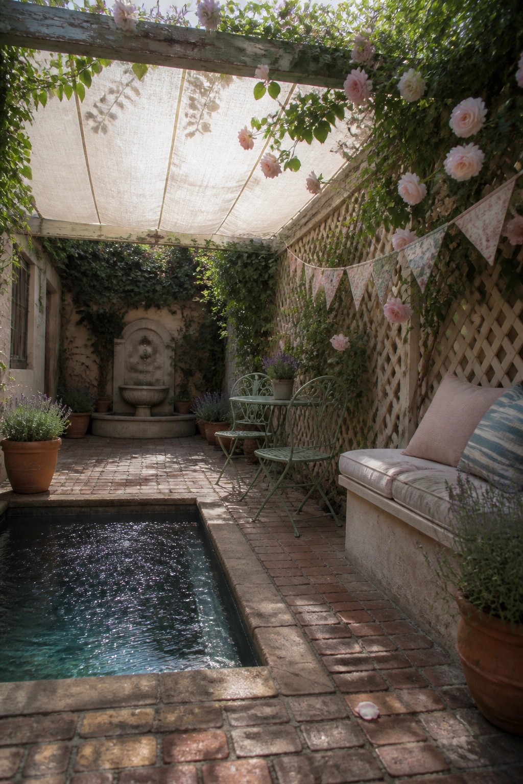 19 Easy DIY Pool Shade Ideas for Budget-Friendly Pool Upgrades An outdoor pool patio with a light fabric canopy overhead, climbing roses on a lattice wall, a built-in bench with cushions, and a stone fountain in the background.