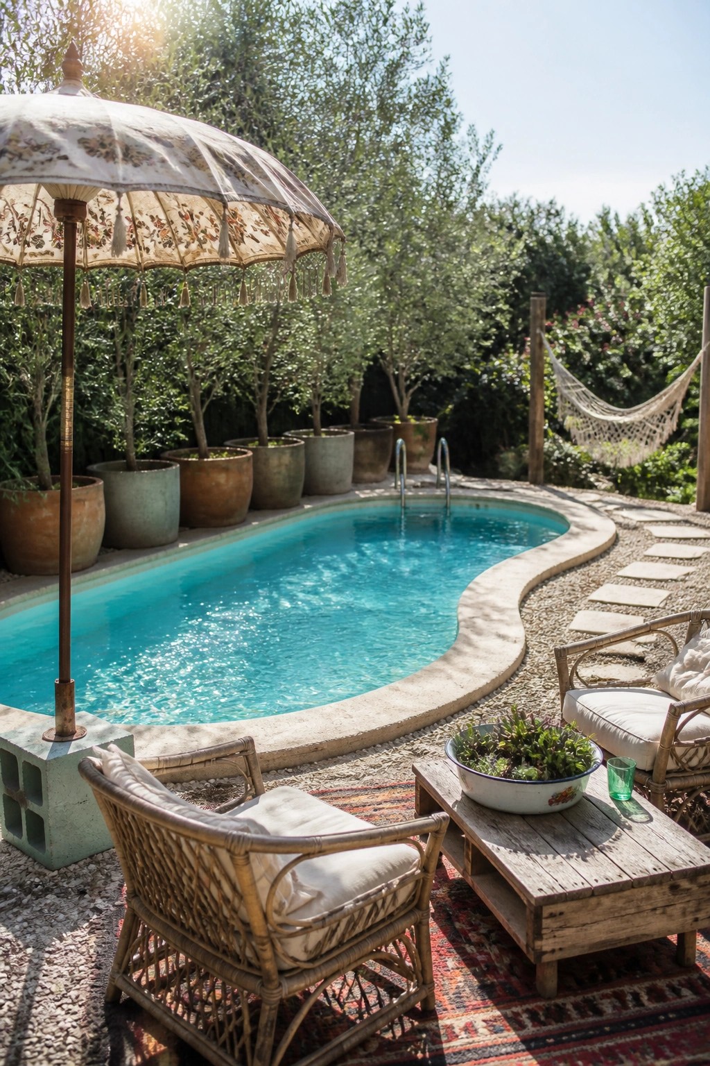 19 Easy DIY Pool Shade Ideas for Budget-Friendly Pool Upgrades An outdoor pool area with a large decorative umbrella shading wicker chairs and a wooden table on a colorful rug beside the water.