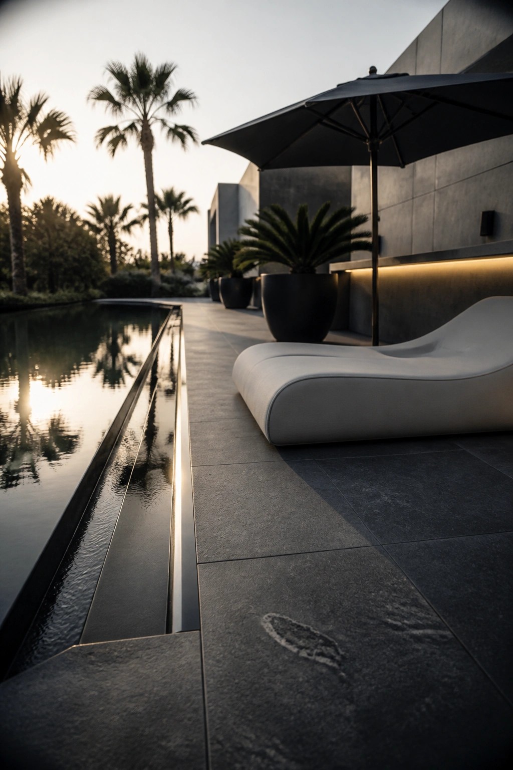 Modern poolside with a narrow linear overflow channel, dark stone deck tiles, a low sculptural lounger, potted palms, and a large umbrella.