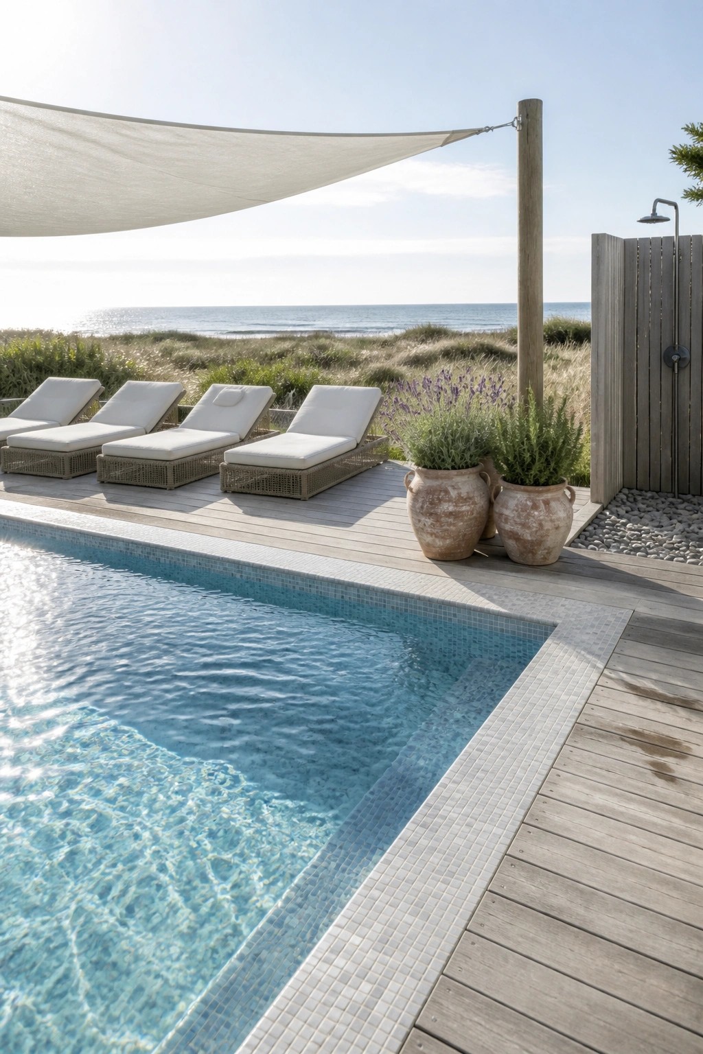 Sunlit turquoise pool beside wooden deck with white chaise lounges, terracotta pots, sail shade