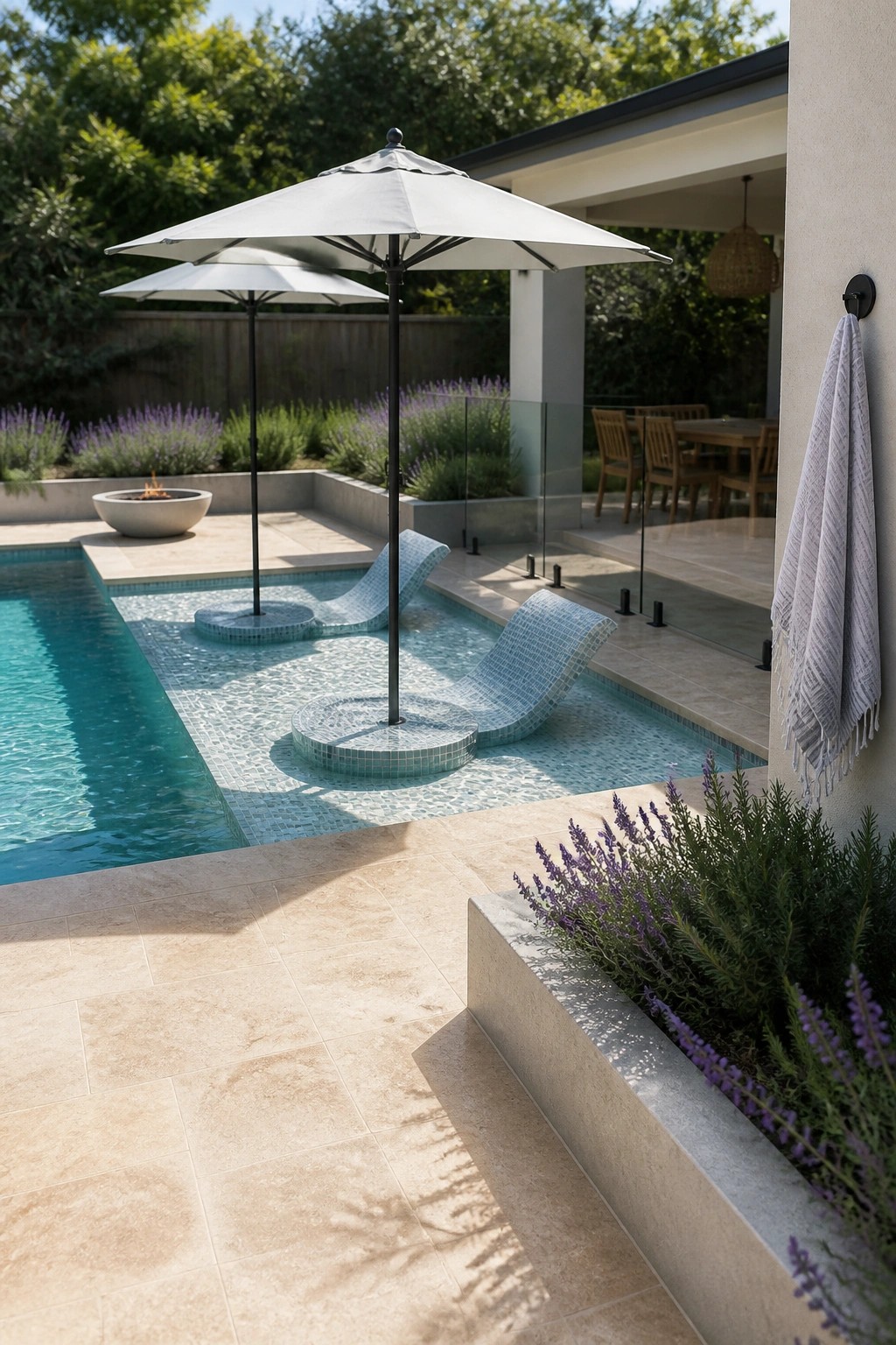 A modern backyard pool with shallow tiled sun shelves that include curved mosaic loungers and freestanding umbrellas, glass fencing, and lavender planting at the edge.