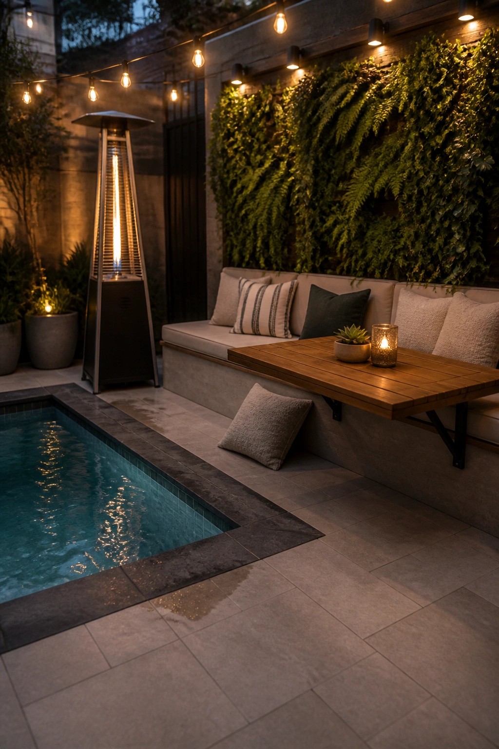 A cozy poolside nook featuring a built-in cushioned bench with a wall-mounted wooden table beside a narrow swimming pool.