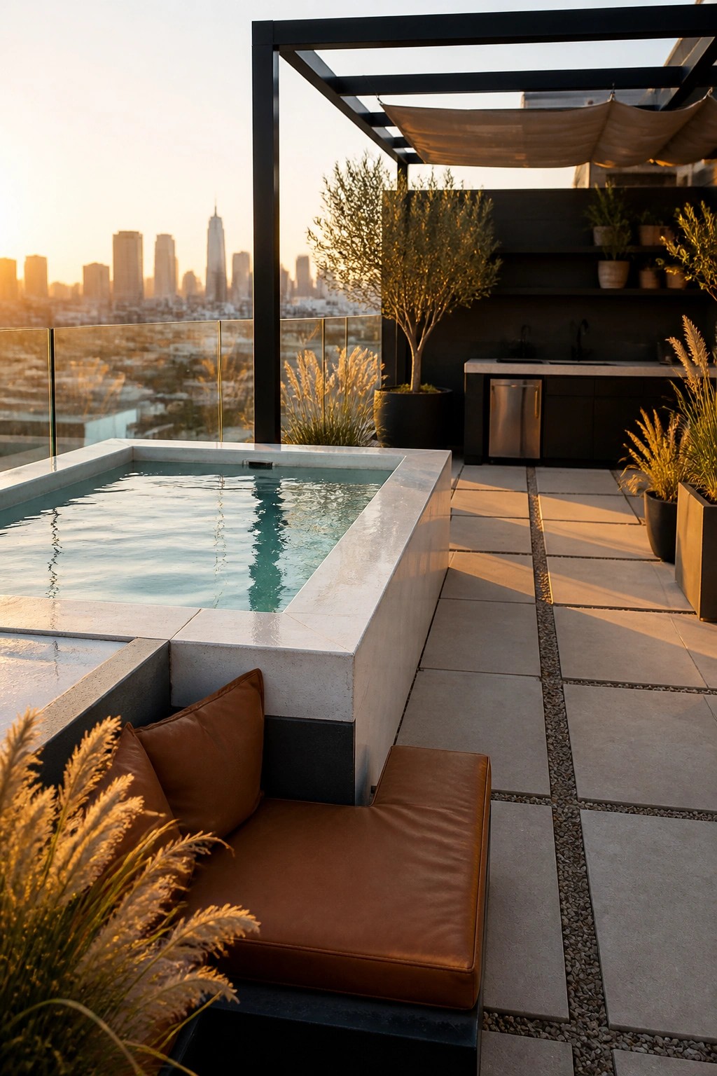 Rooftop sunset terrace with rectangular plunge pool, brown leather cushions, pergola, city skyline.
