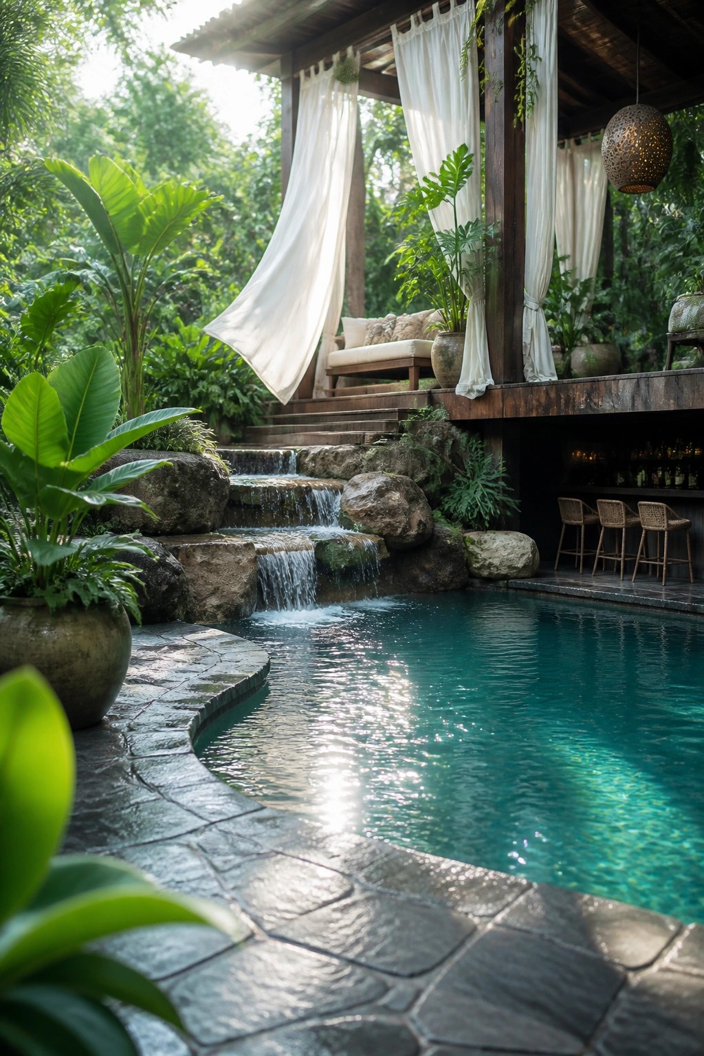 A turquoise swimming pool next to a wooden pergola draped with white curtains and a cushioned lounge seat, surrounded by tropical plants.