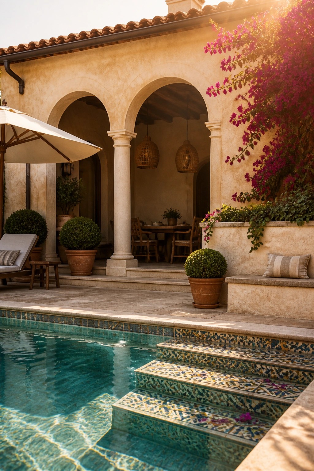 Patterned mosaic-tiled pool steps leading up to a stone terrace and a Mediterranean-style patio with arched columns.