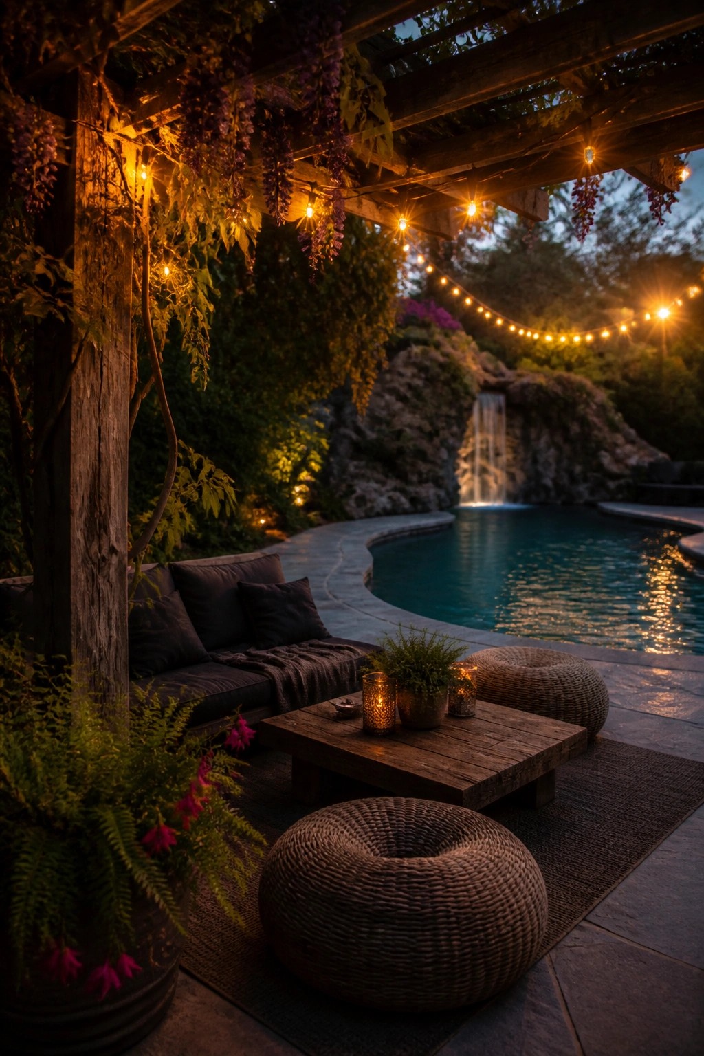 Evening poolside lounge under a wooden pergola with string lights, a low wooden coffee table, woven poufs, and a lit waterfall in the background.