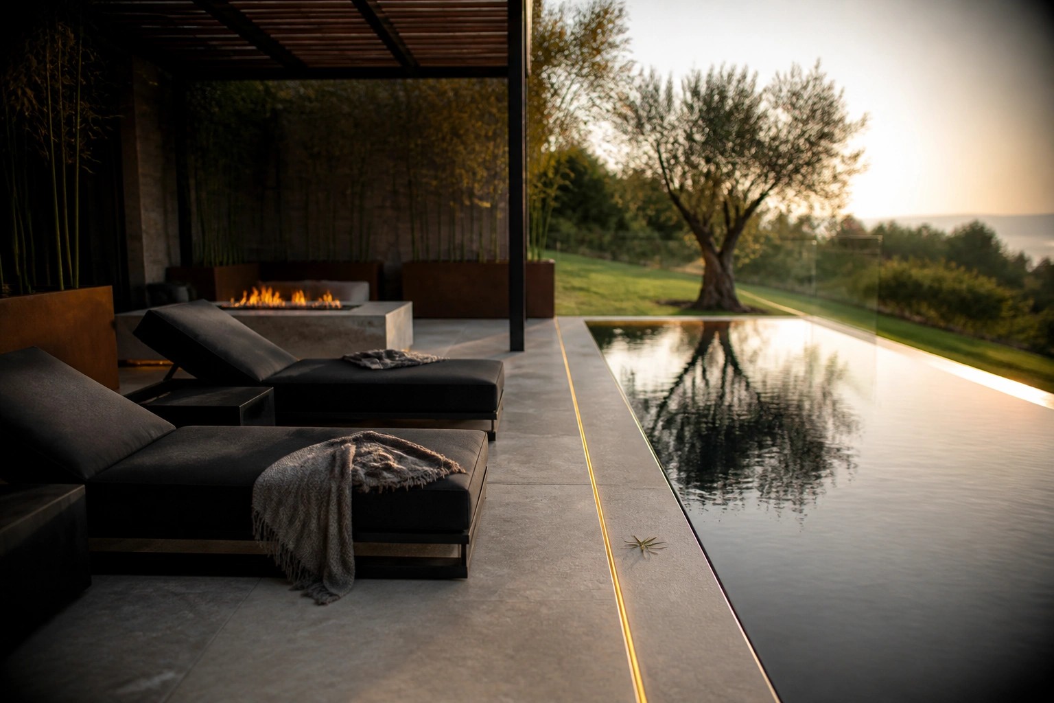 Narrow reflecting pool running along a terrace edge with concealed linear lighting and a tree-lined lawn beyond.