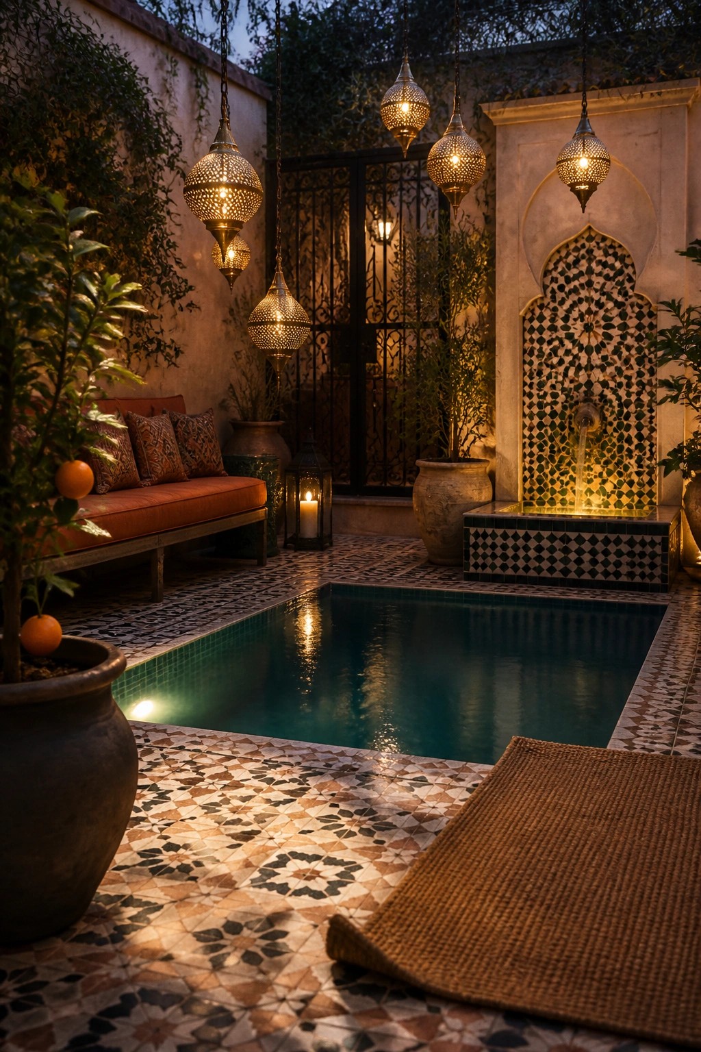 A small tiled courtyard pool at night lit by hanging metal lanterns and a lit mosaic fountain.