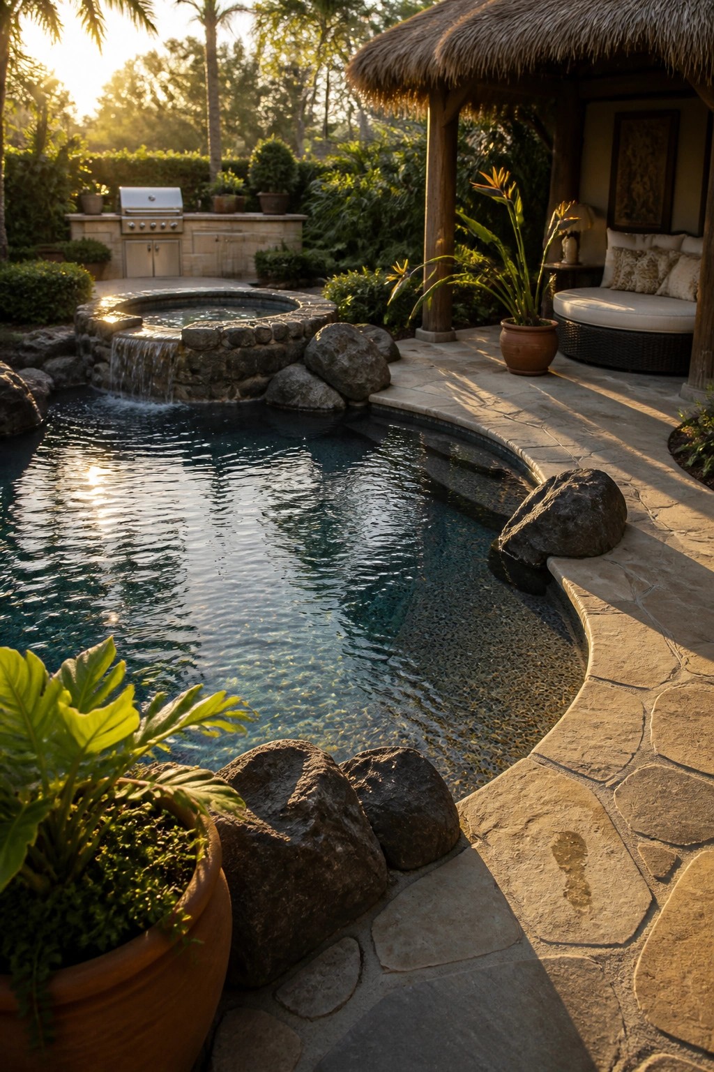 Sunlit tropical backyard pool with stone patio, waterfall spa, potted plants, thatched cabana