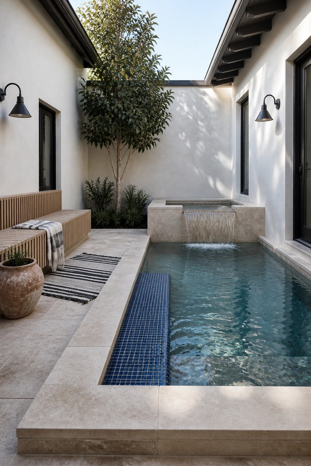 Sunlit courtyard with narrow blue tiled plunge pool, beige stone deck, waterfall spa, wooden bench