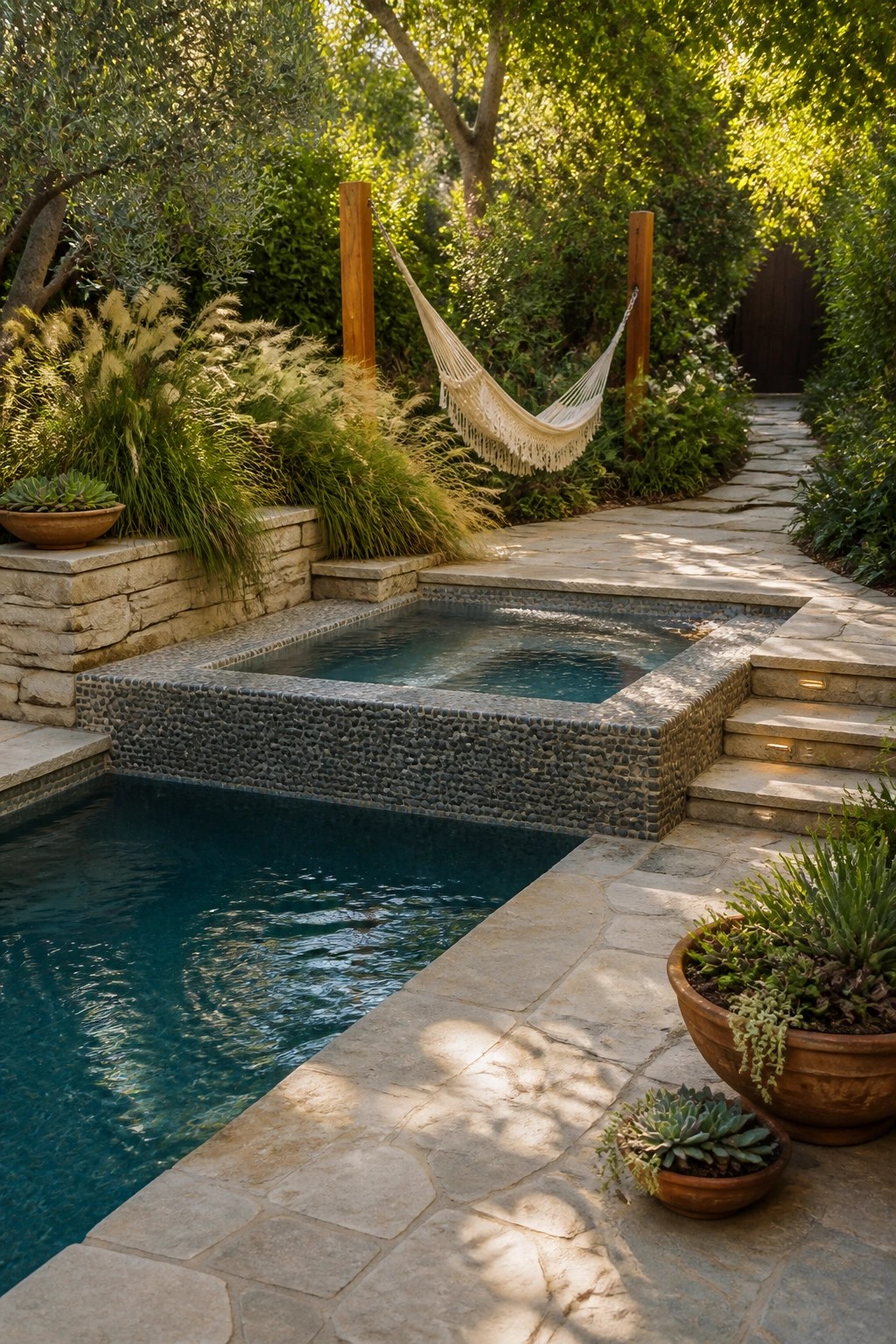 A small backyard pool with a raised pebble-clad spa beside it and a hammock strung between wooden posts surrounded by greenery.