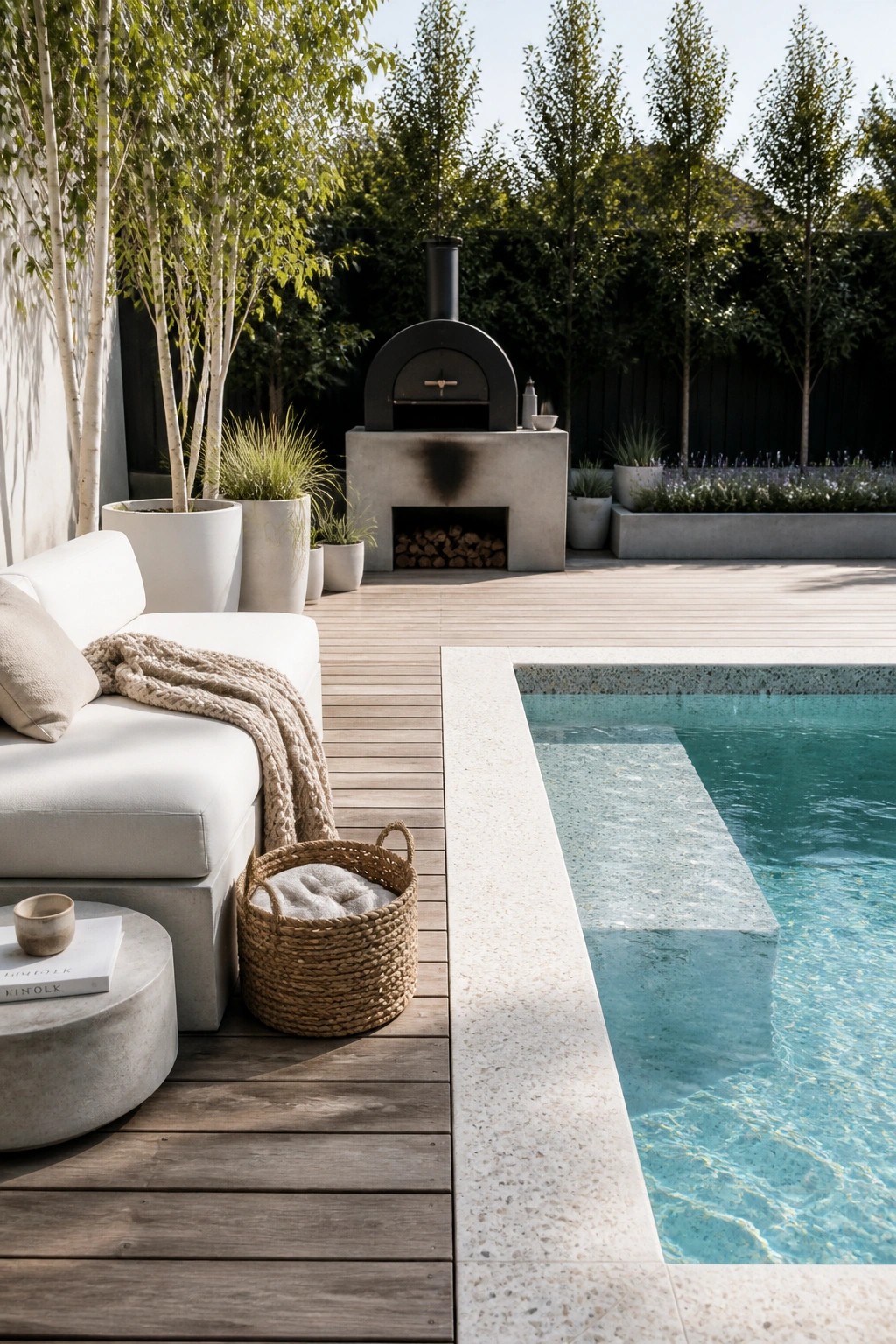 A modern pool deck with a low white outdoor sofa on wooden decking beside a clear rectangular pool, potted trees, and a concrete outdoor oven in the background.