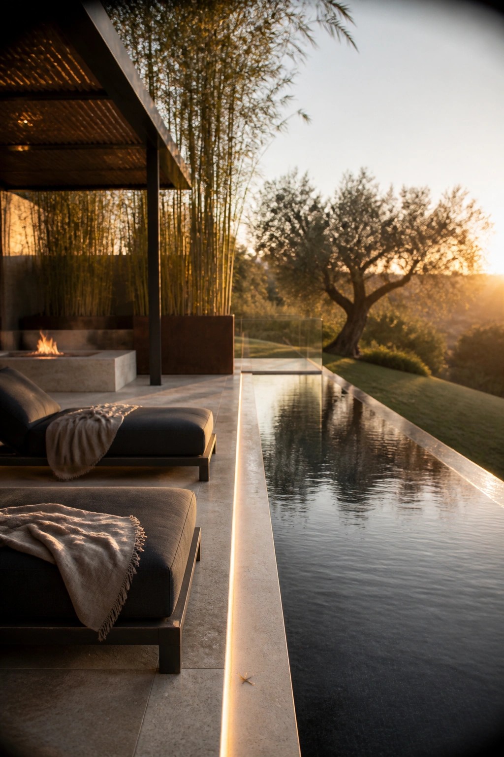 Narrow reflecting pool running along a terrace edge with concealed linear lighting and a tree-lined lawn beyond.