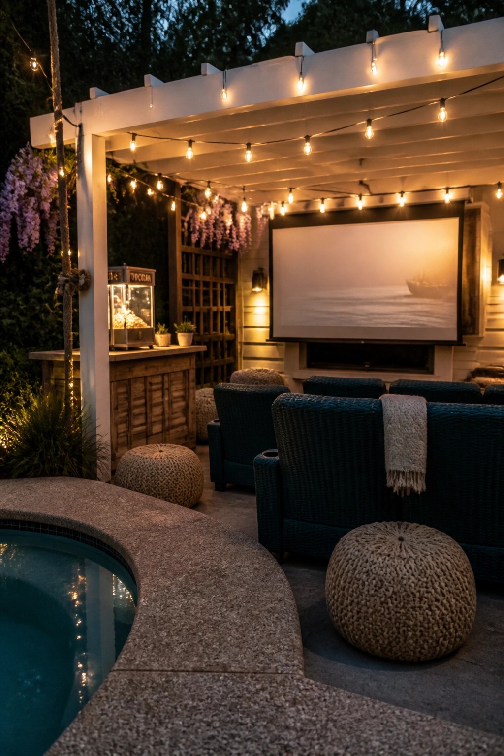 Outdoor movie screen with string lights, wicker chairs, popcorn machine, and pool at dusk.