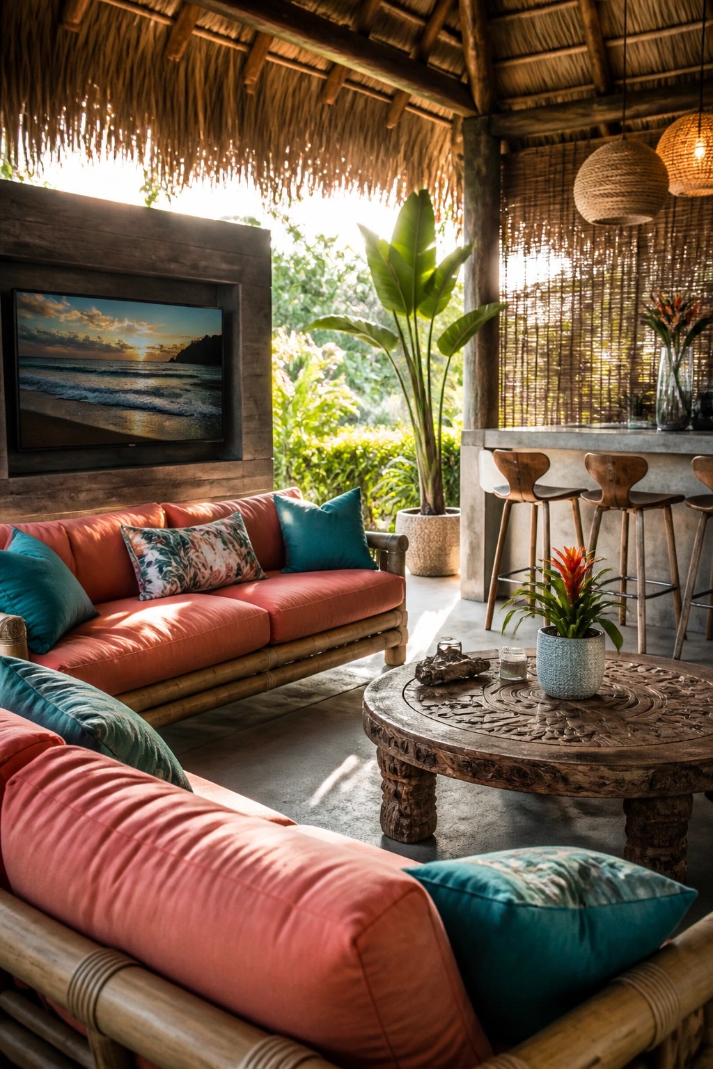 A covered outdoor cabana features a flat-screen TV mounted on a wooden wall above a red sofa, with a round wooden coffee table, bar stools, and tropical plants visible.